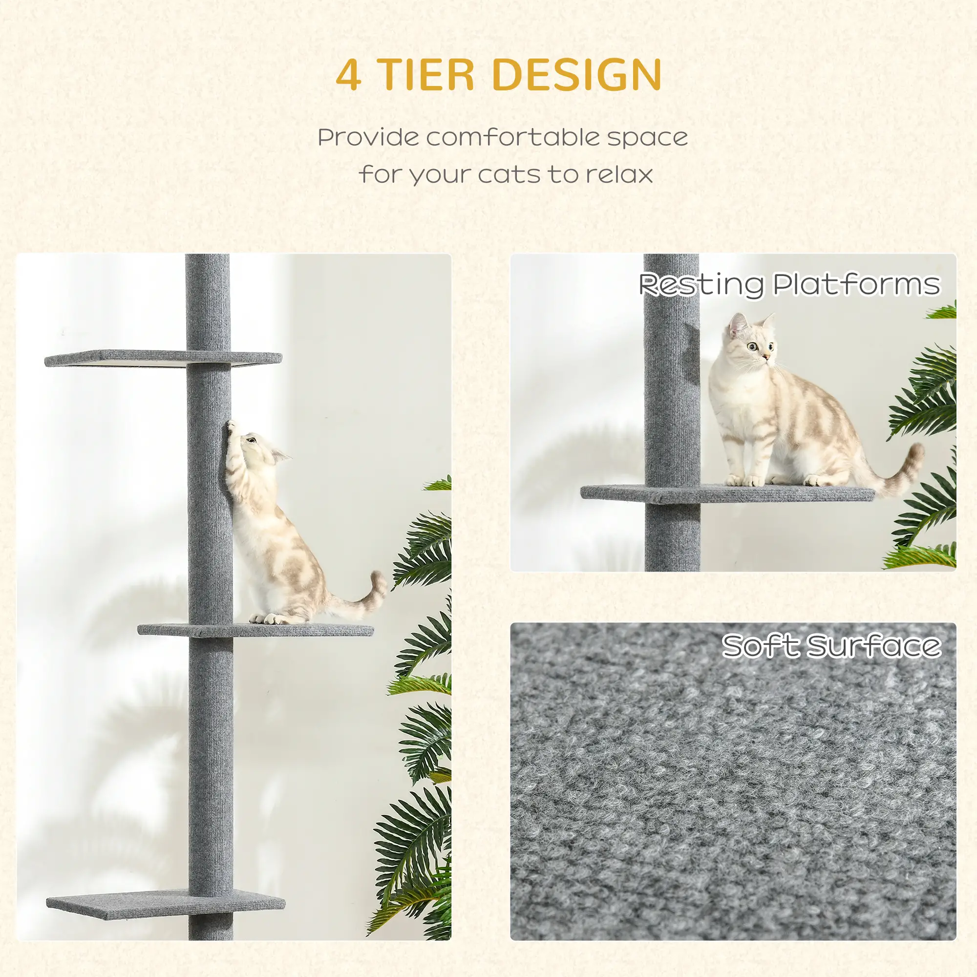 100 Cat Tree, 3 Perches Activity Center, Grey - Image 6