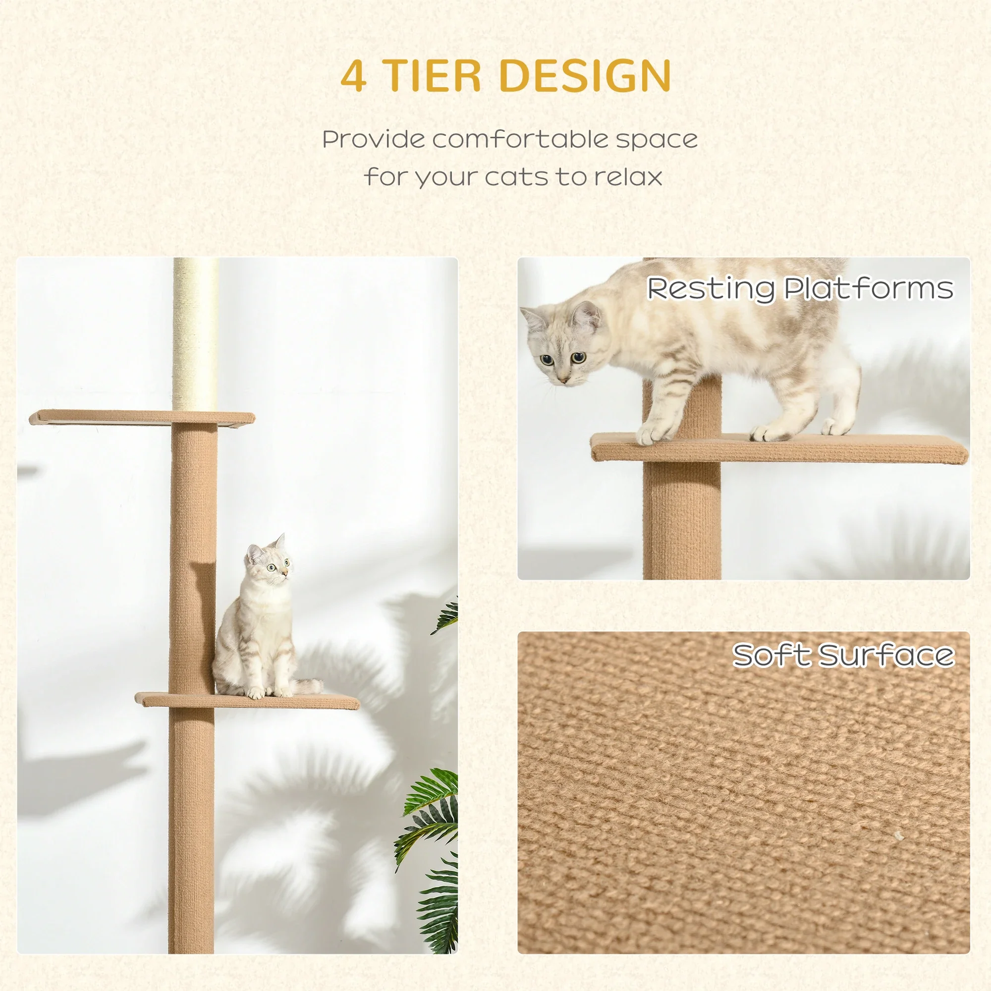 100 Floor To Ceiling Cat Tree, 3 Perches Activity Center, Brown - Image 6