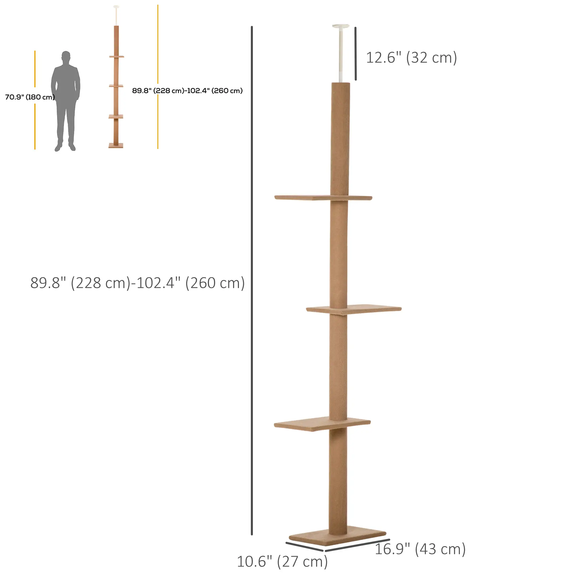100" Floor To Ceiling Cat Tree, 3 Perches, Activity Center, Light Brown - Image 3