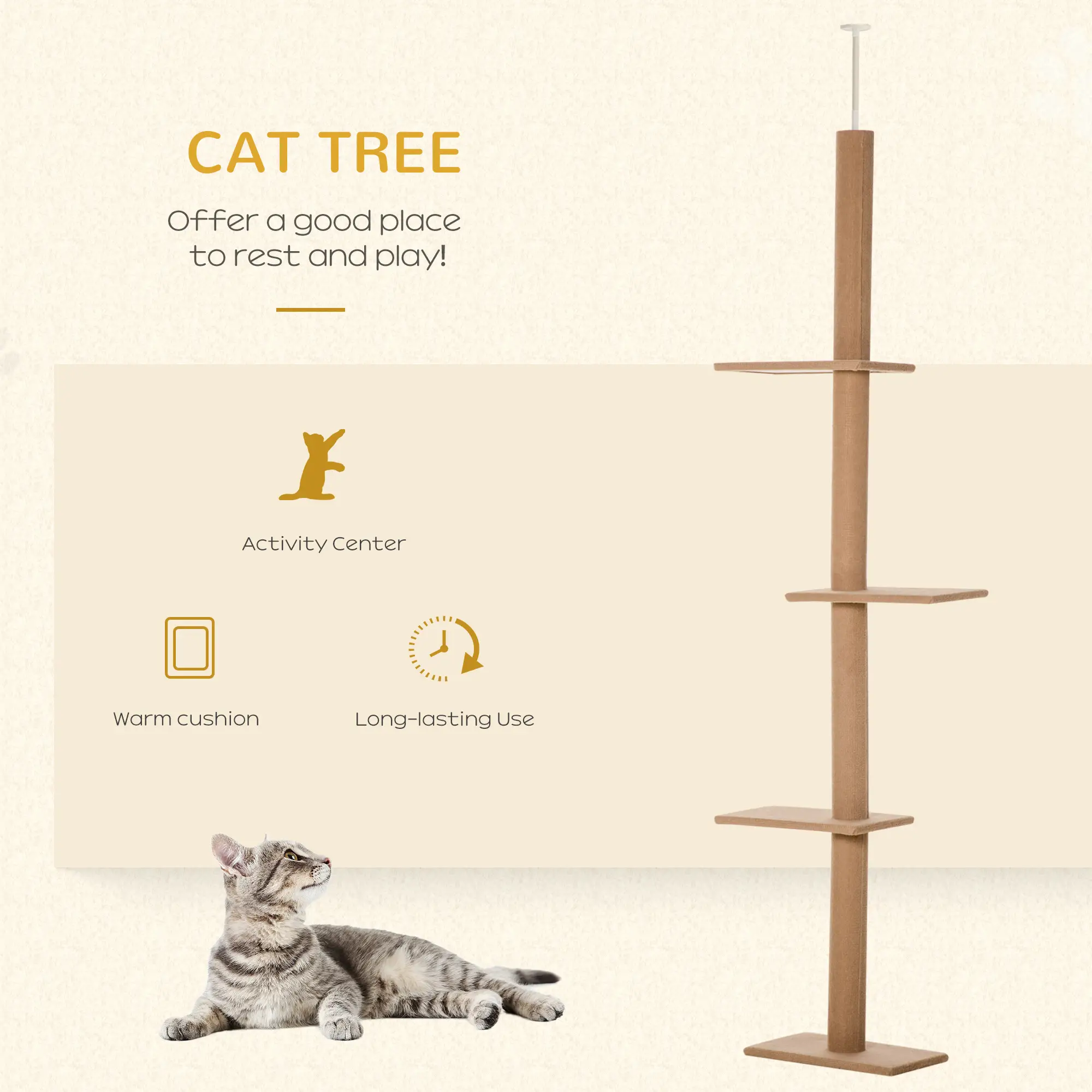 100" Floor To Ceiling Cat Tree, 3 Perches, Activity Center, Light Brown - Image 4