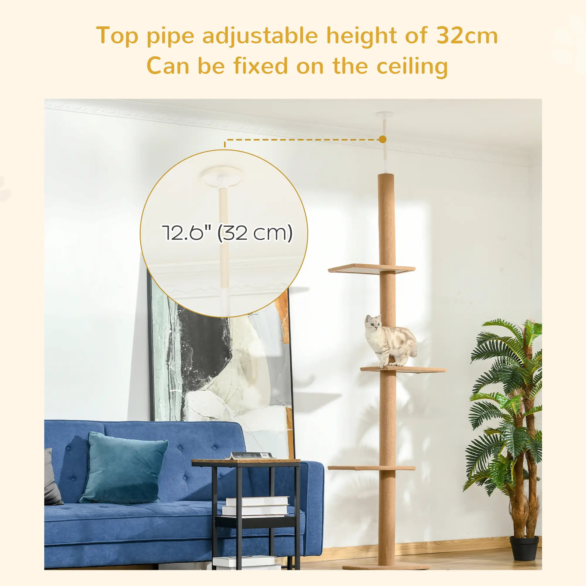 100" Floor To Ceiling Cat Tree, 3 Perches, Activity Center, Light Brown - Image 5