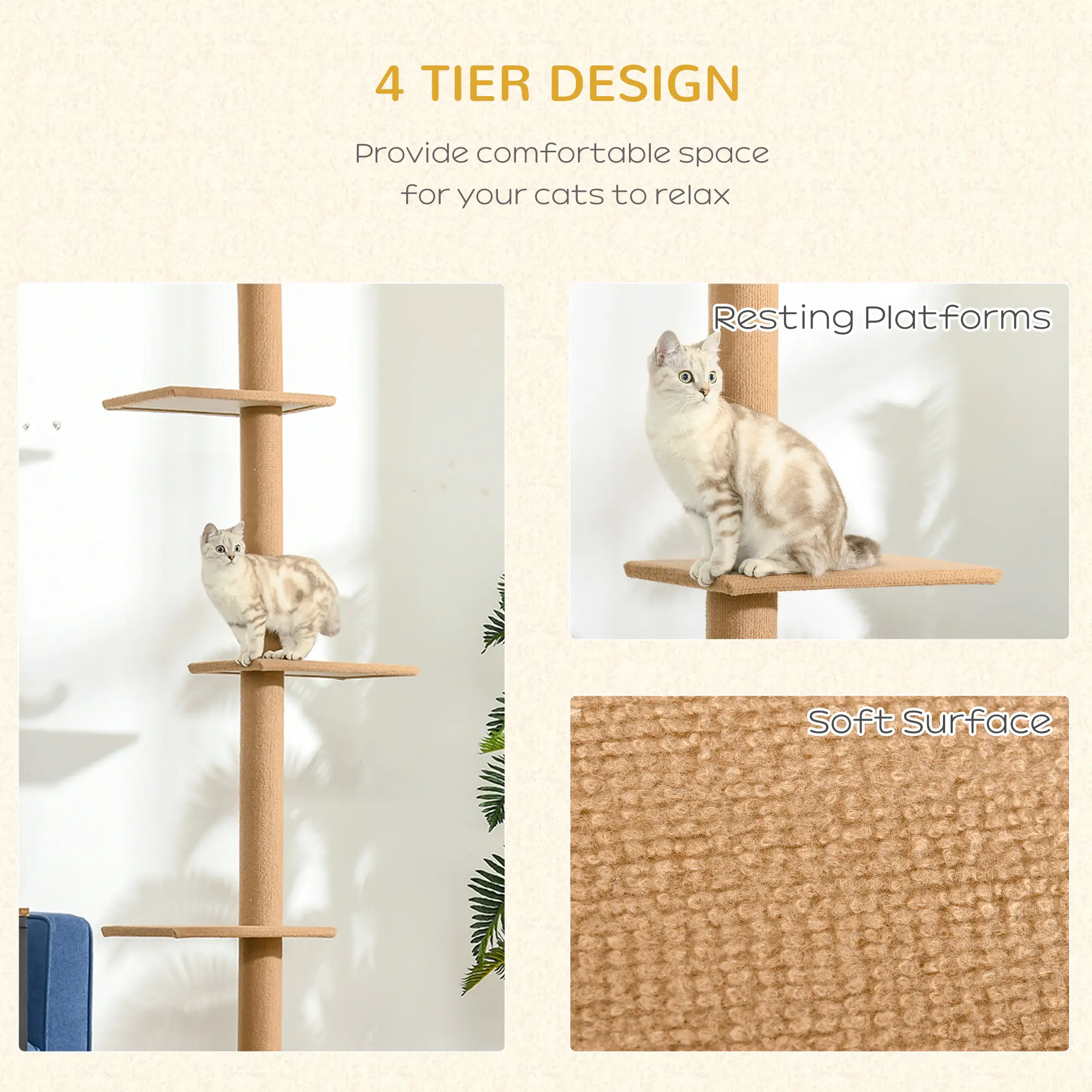 100" Floor To Ceiling Cat Tree, 3 Perches, Activity Center, Light Brown - Image 6