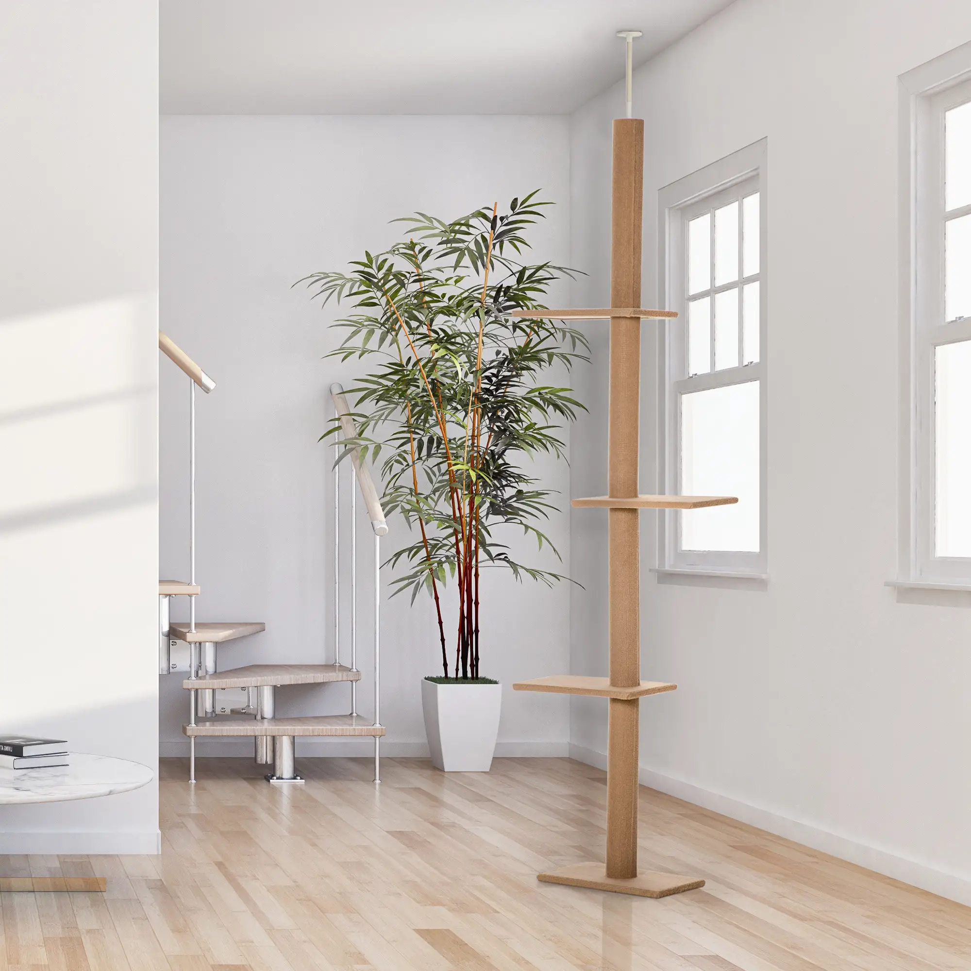 100" Floor To Ceiling Cat Tree, 3 Perches, Activity Center, Light Brown - Image 8