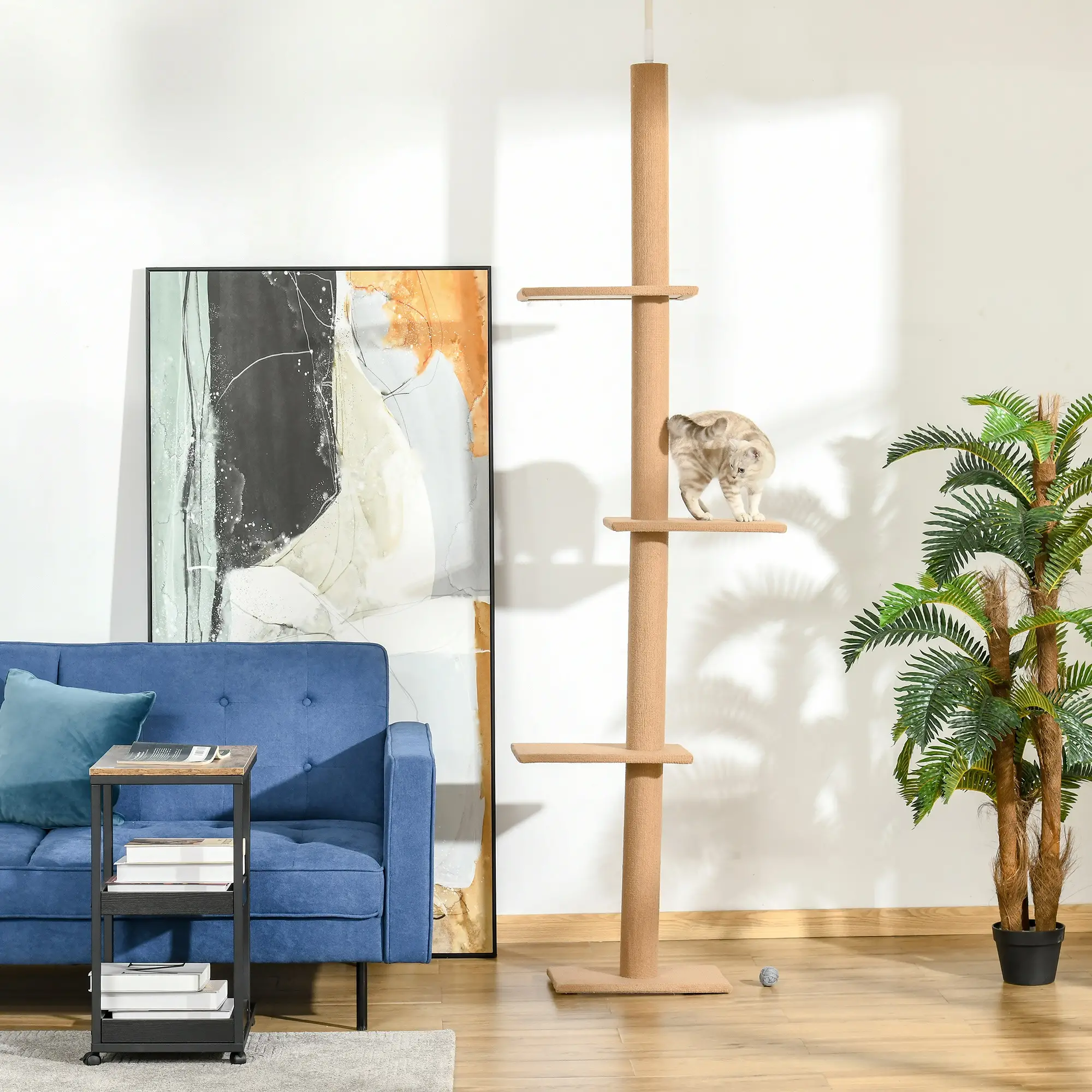 100" Floor To Ceiling Cat Tree, 3 Perches, Activity Center, Light Brown - Image 9