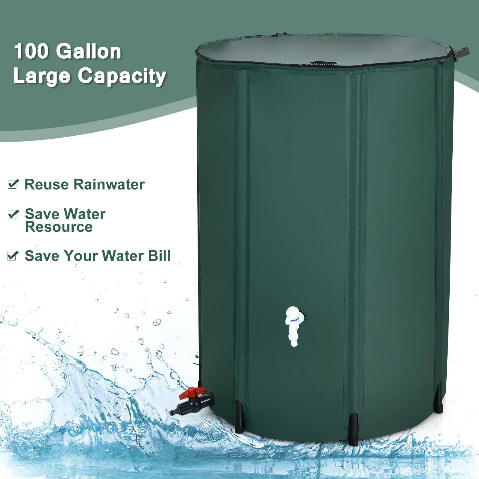 100 Gallon Portable Rain Barrel Water Collector Tank, Green - Image 6