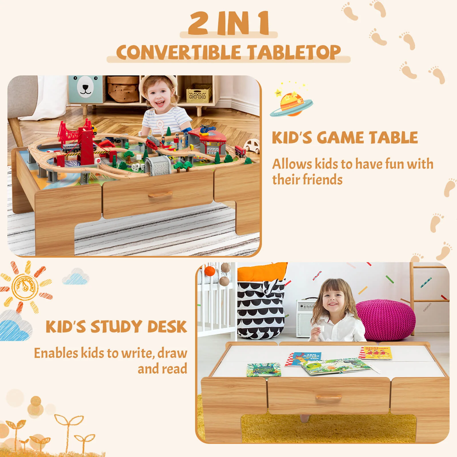 100-Piece Wooden Train Set Table With Storage Drawer, Natural - Image 10