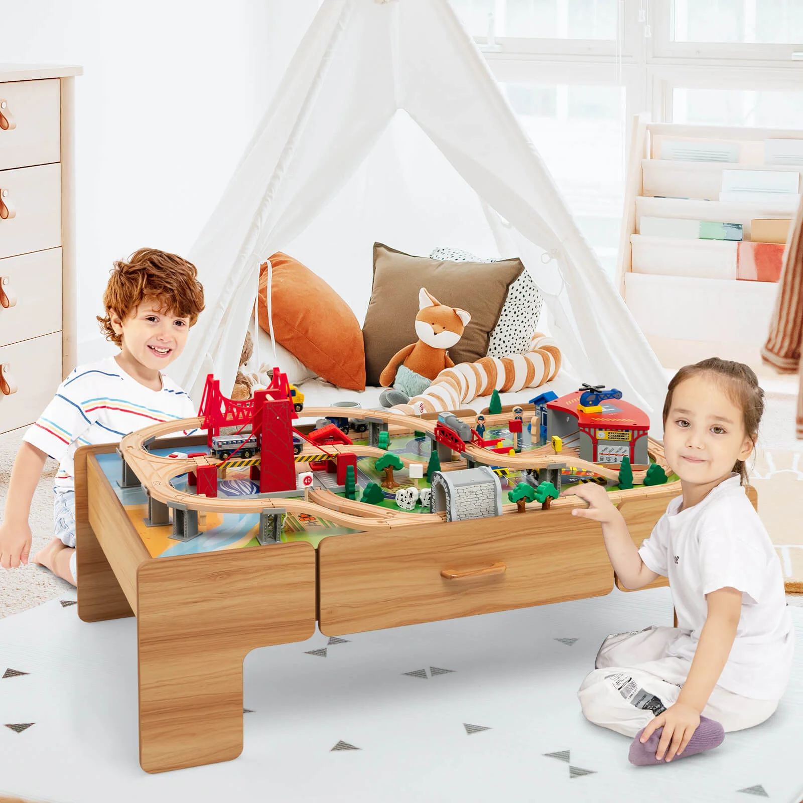 100-Piece Wooden Train Set Table With Storage Drawer, Natural - Image 3