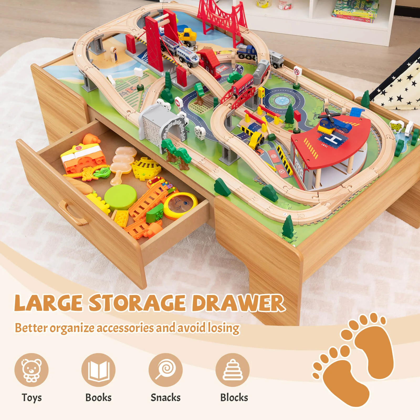 100-Piece Wooden Train Set Table With Storage Drawer, Natural - Image 4