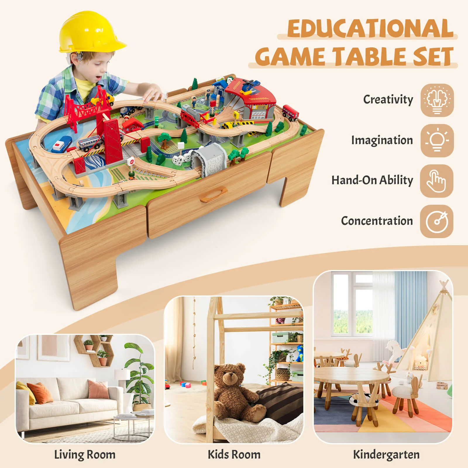 100-Piece Wooden Train Set Table With Storage Drawer, Natural - Image 6