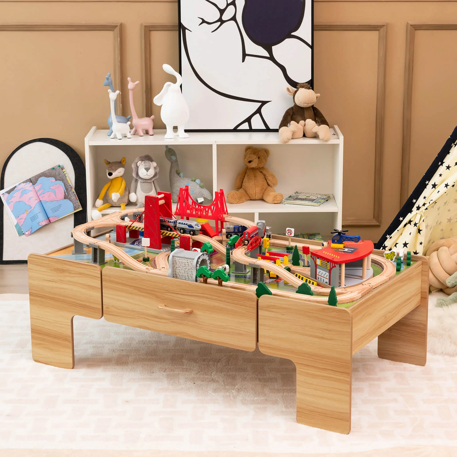 100-Piece Wooden Train Set Table With Storage Drawer, Natural - Image 7