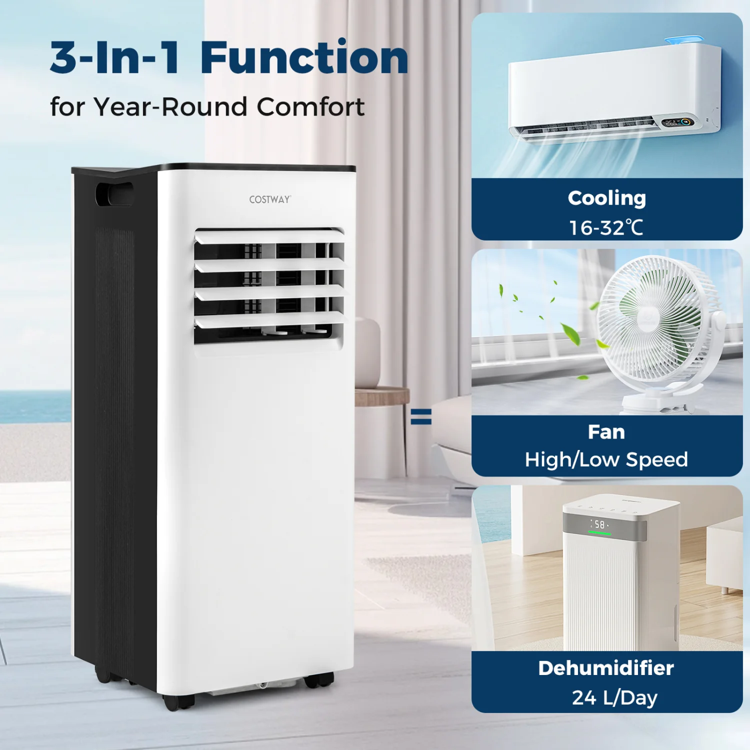 10000 BTU Portable AC with Fan, Dehumidifier, Black & White - Image 5