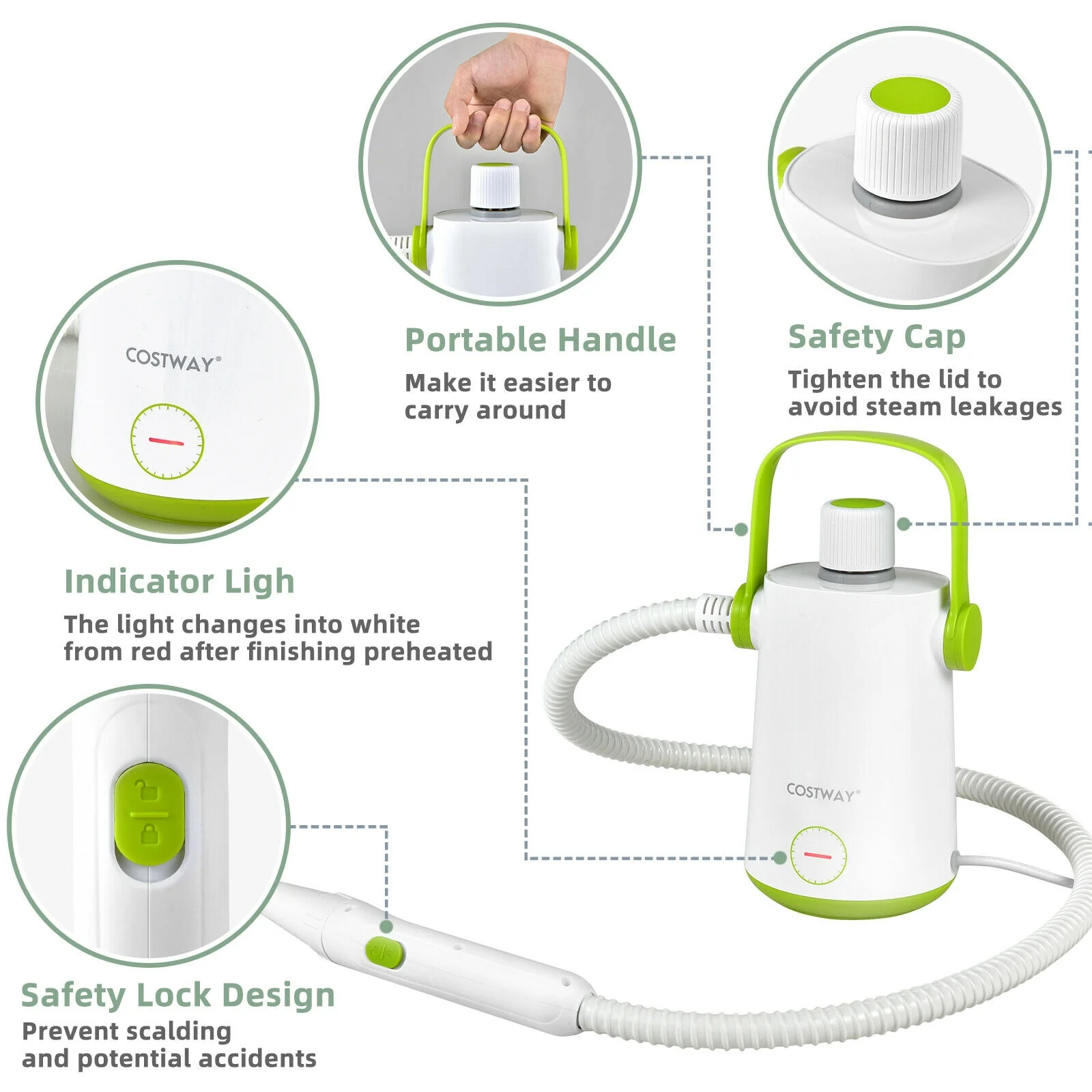 1000W Portable Hand-Held Steam Cleaner, 10 Accessories, Green - Image 7