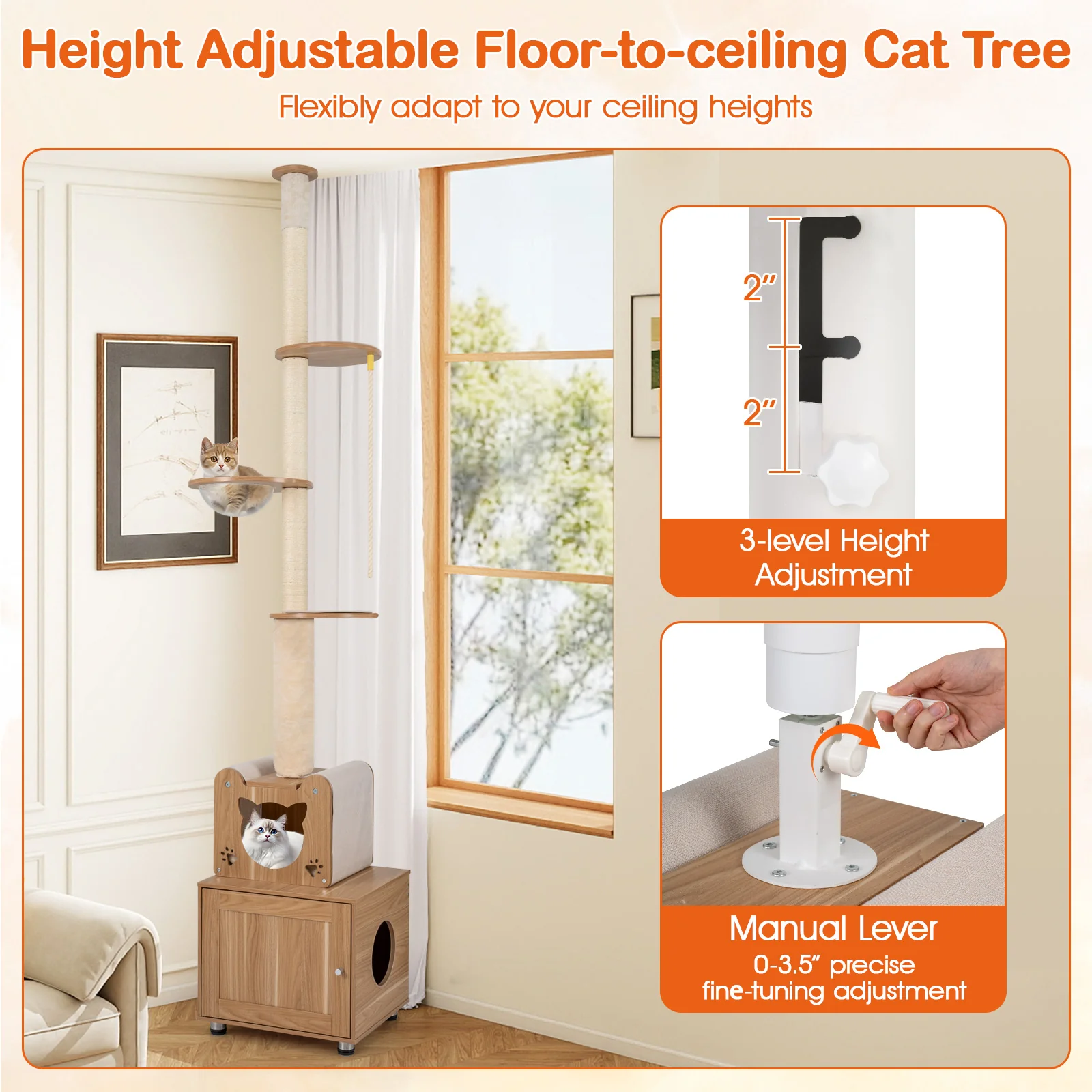 101 Inch Floor To Ceiling Cat Tree, Height Adjustable, Litter Box Enclosure, Brown - Image 5