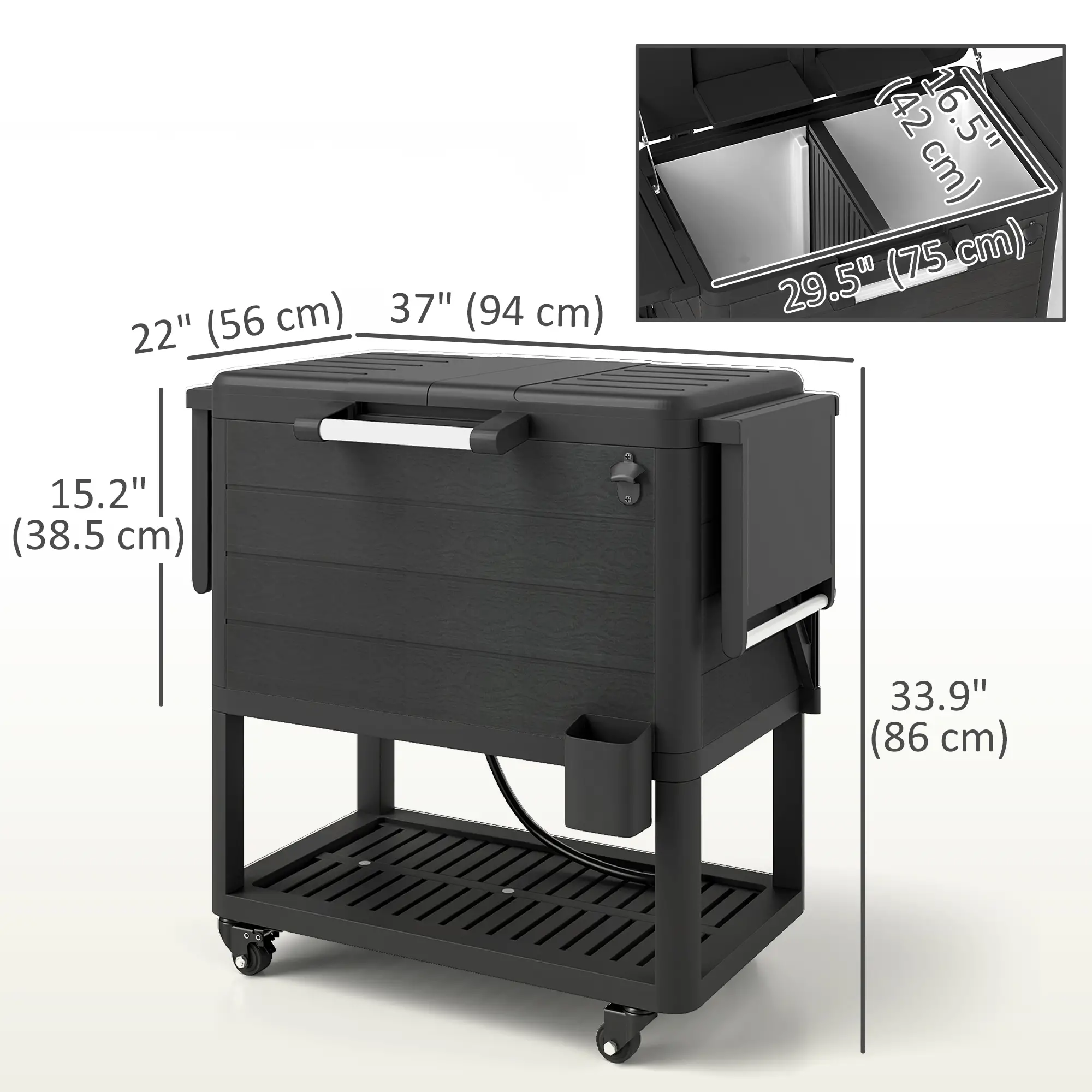 104 Quart Large Capacity Outdoor Cooler Cart, Patio Rolling Ice Chest, Black - Image 3