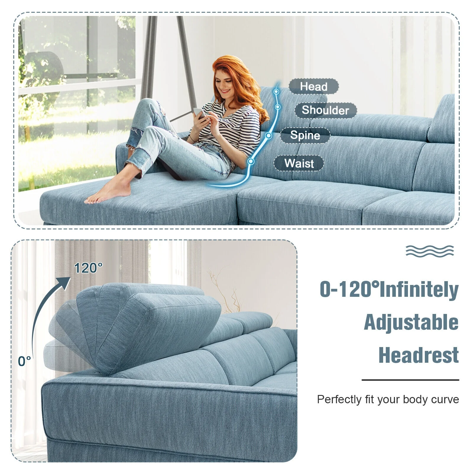 105 Inch L-Shaped Sofa With Adjustable Headrests, Blue - Image 6