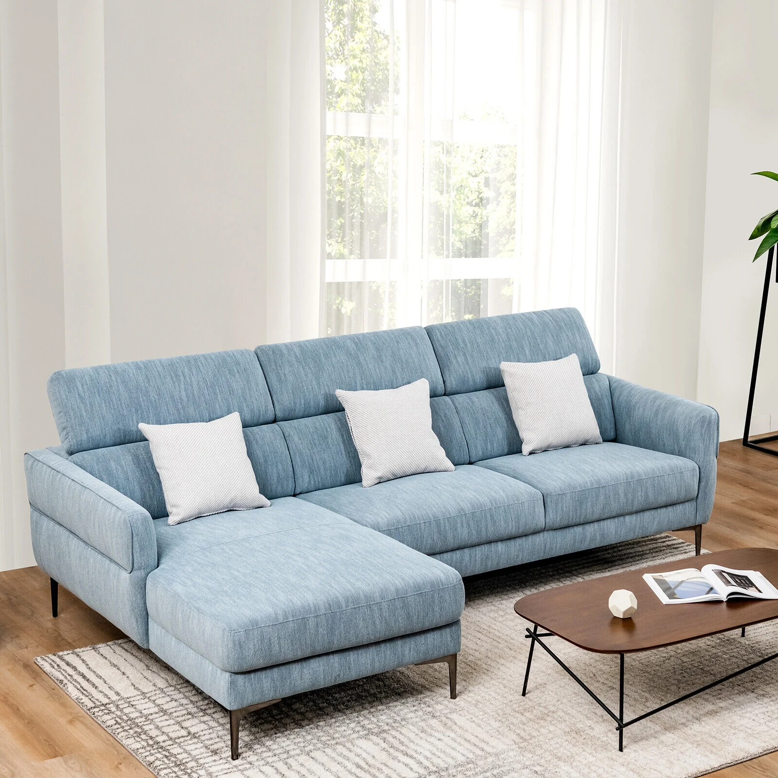 105 Inch L-Shaped Sofa With Adjustable Headrests, Blue - Image 7