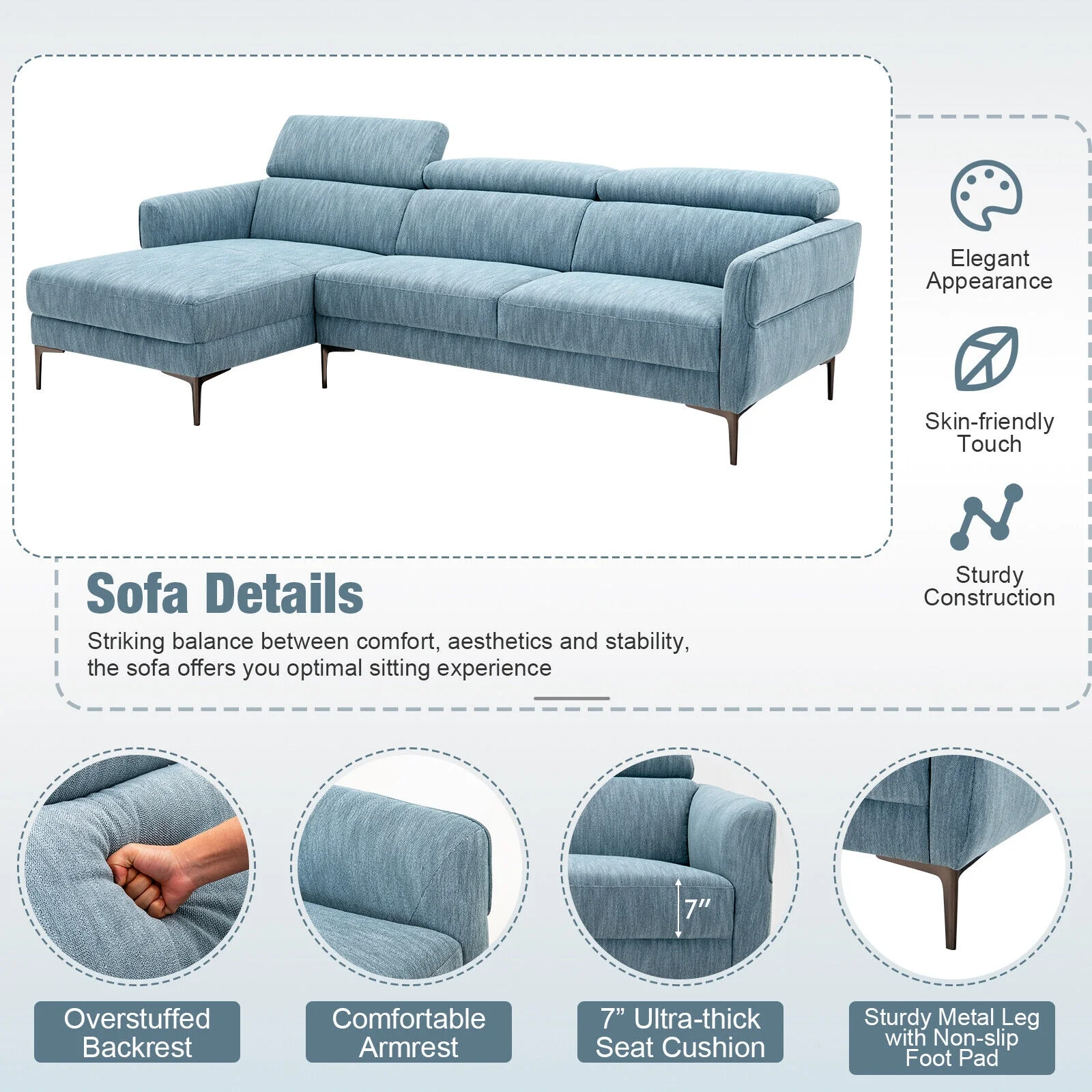 105 Inch L-Shaped Sofa With Adjustable Headrests, Blue - Image 9