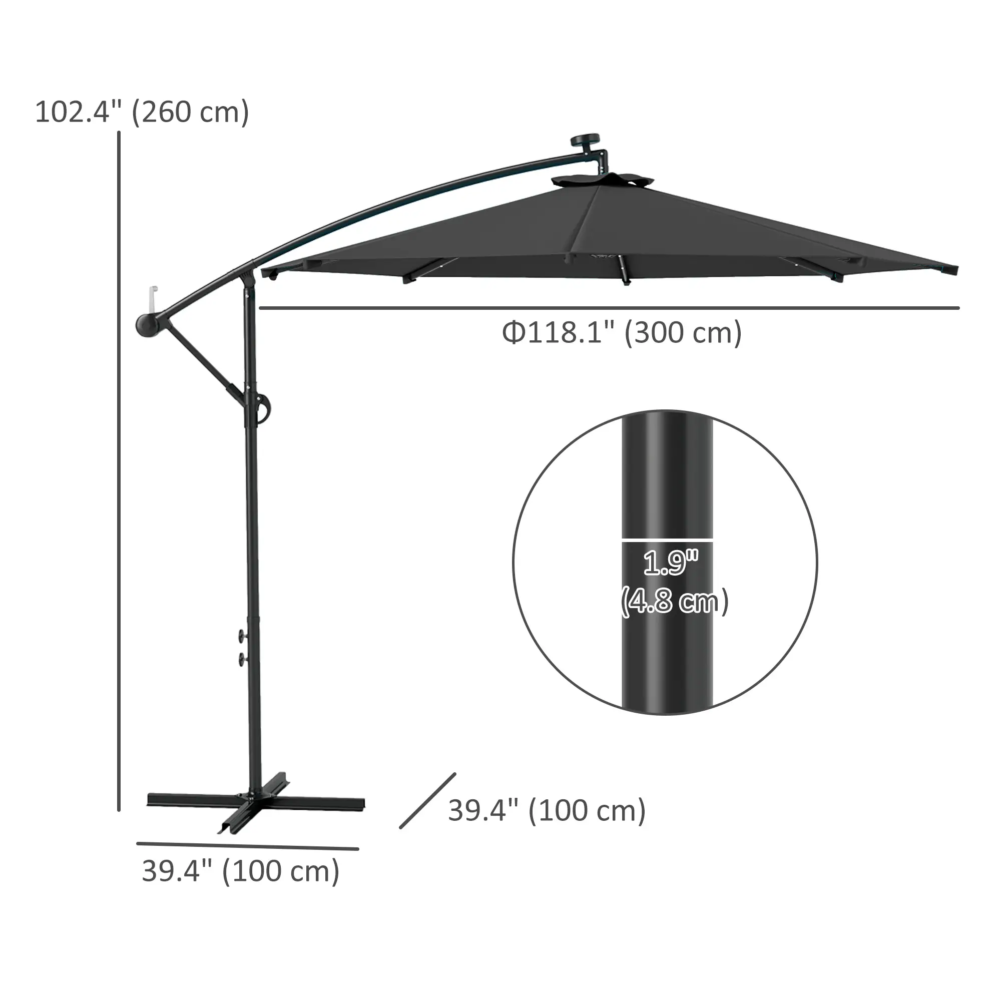 10ft Banana Umbrella, Solar Lights, Adjustable Angle, Patio Backyard, Black - Image 3