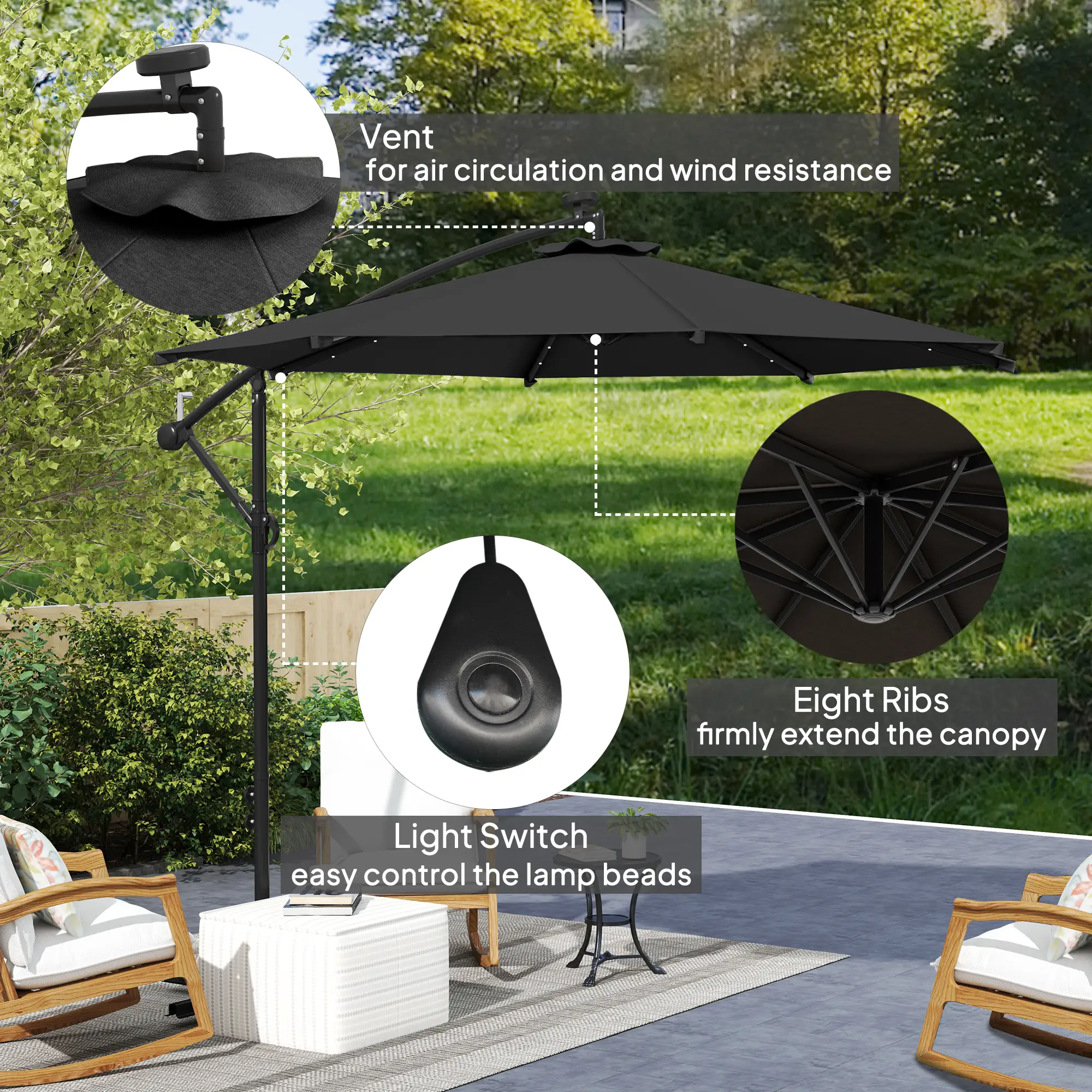 10ft Banana Umbrella, Solar Lights, Adjustable Angle, Patio Backyard, Black - Image 6