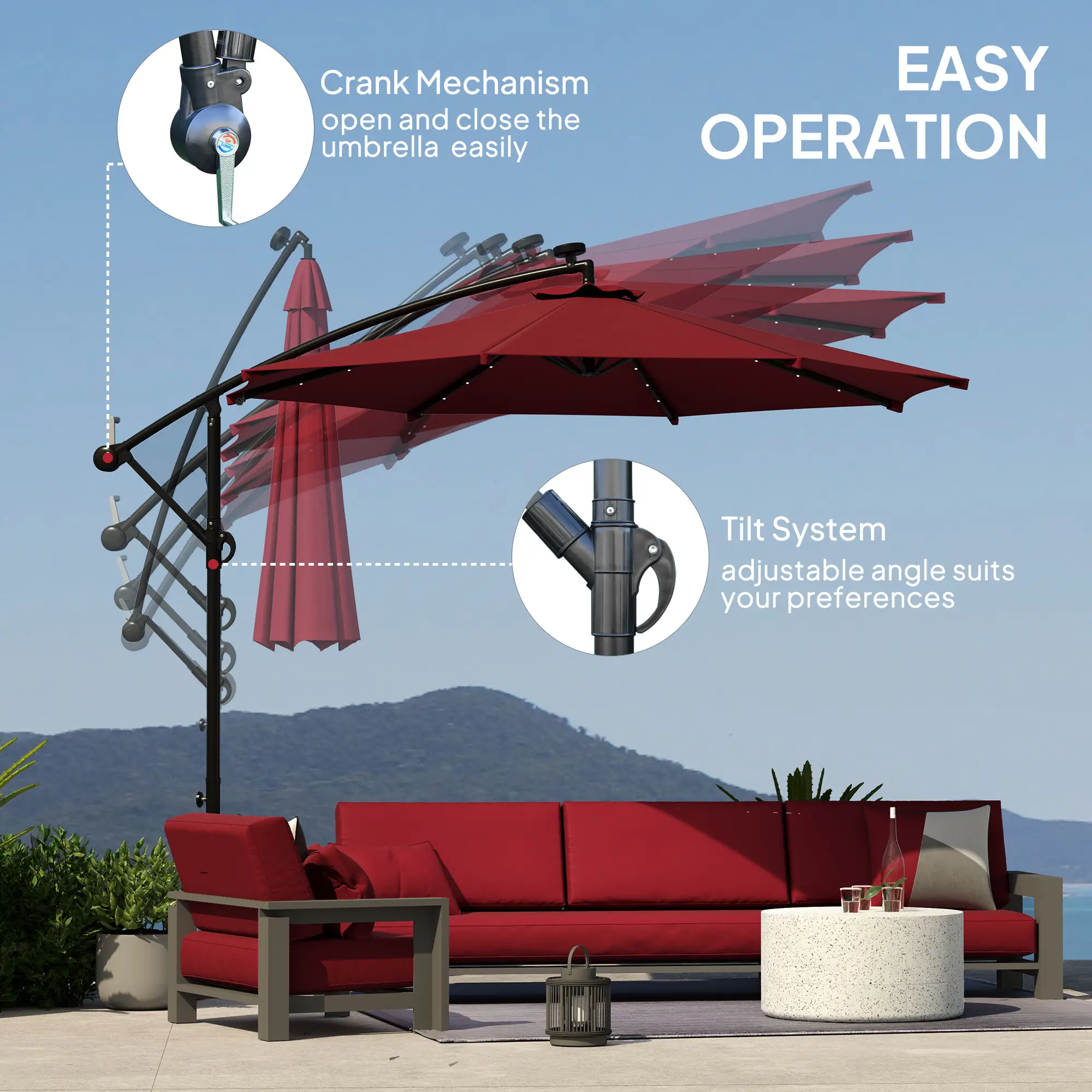 10ft Banana Umbrella, Solar Lights, Adjustable Angle, Wine Red - Image 5