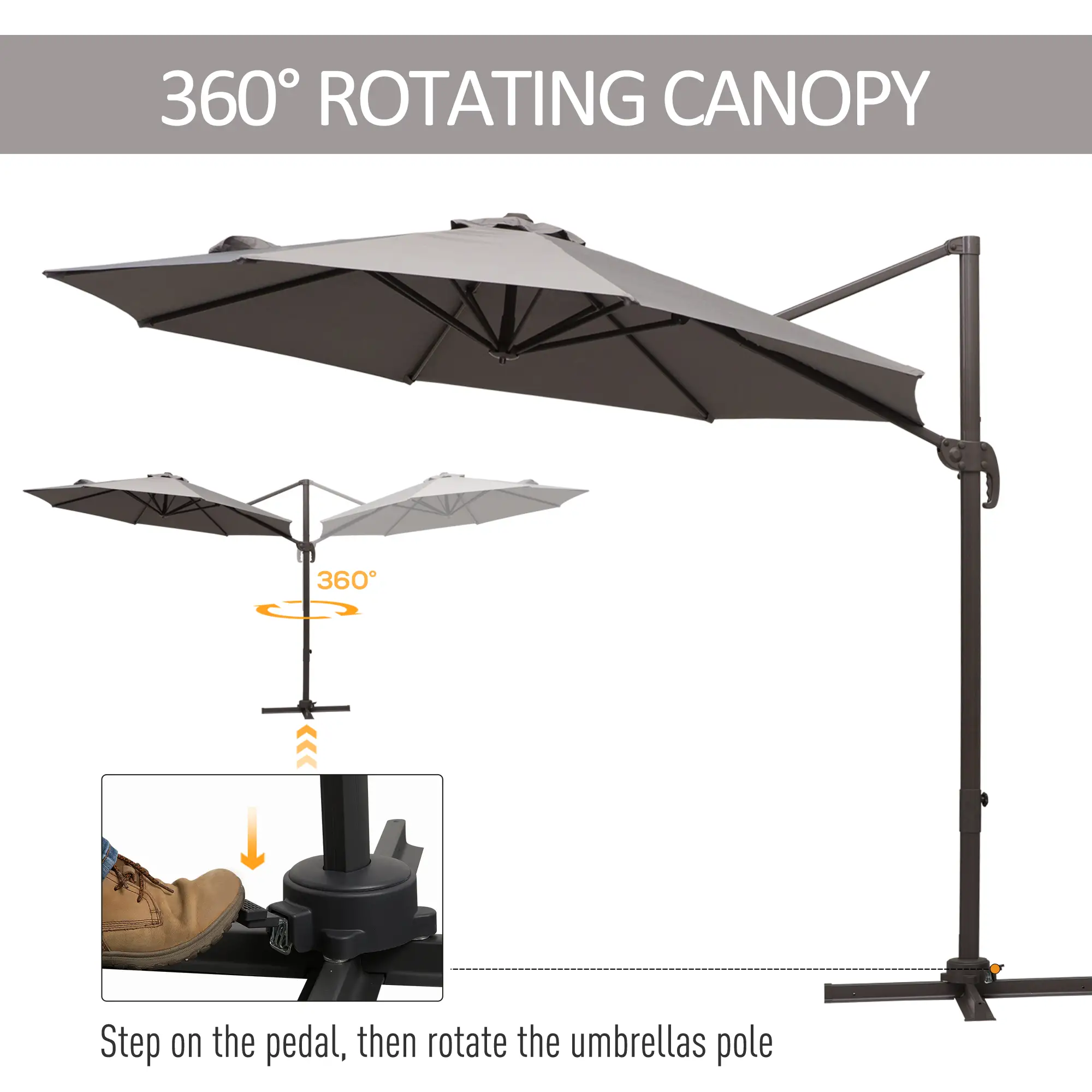 10ft Cantilever Patio Umbrella, 360° Rotation, Crank, Grey - Image 4