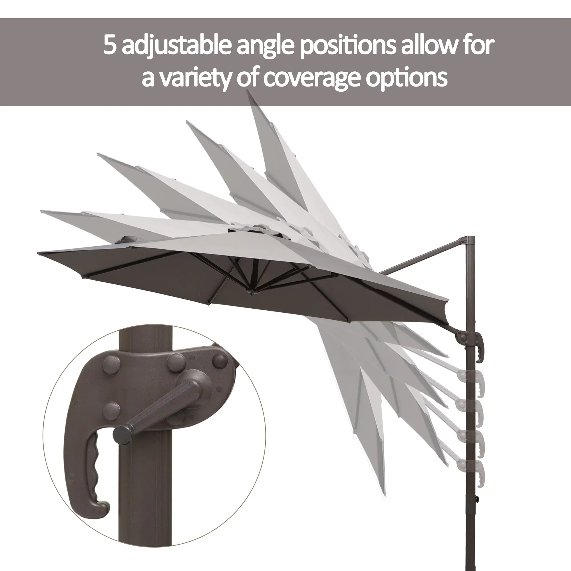 10ft Cantilever Patio Umbrella, 360° Rotation, Crank, Grey - Image 5