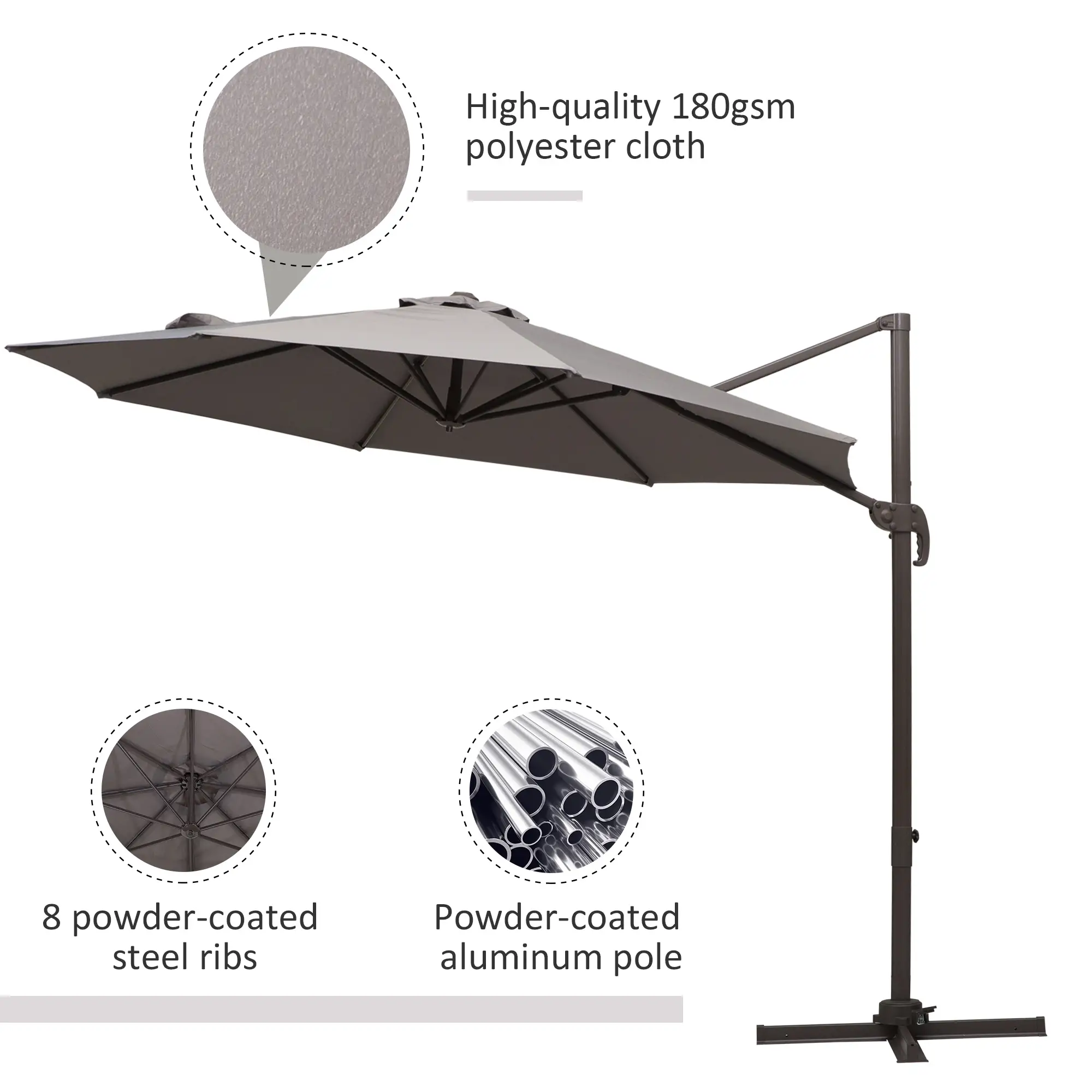 10ft Cantilever Patio Umbrella, 360° Rotation, Crank, Grey - Image 6