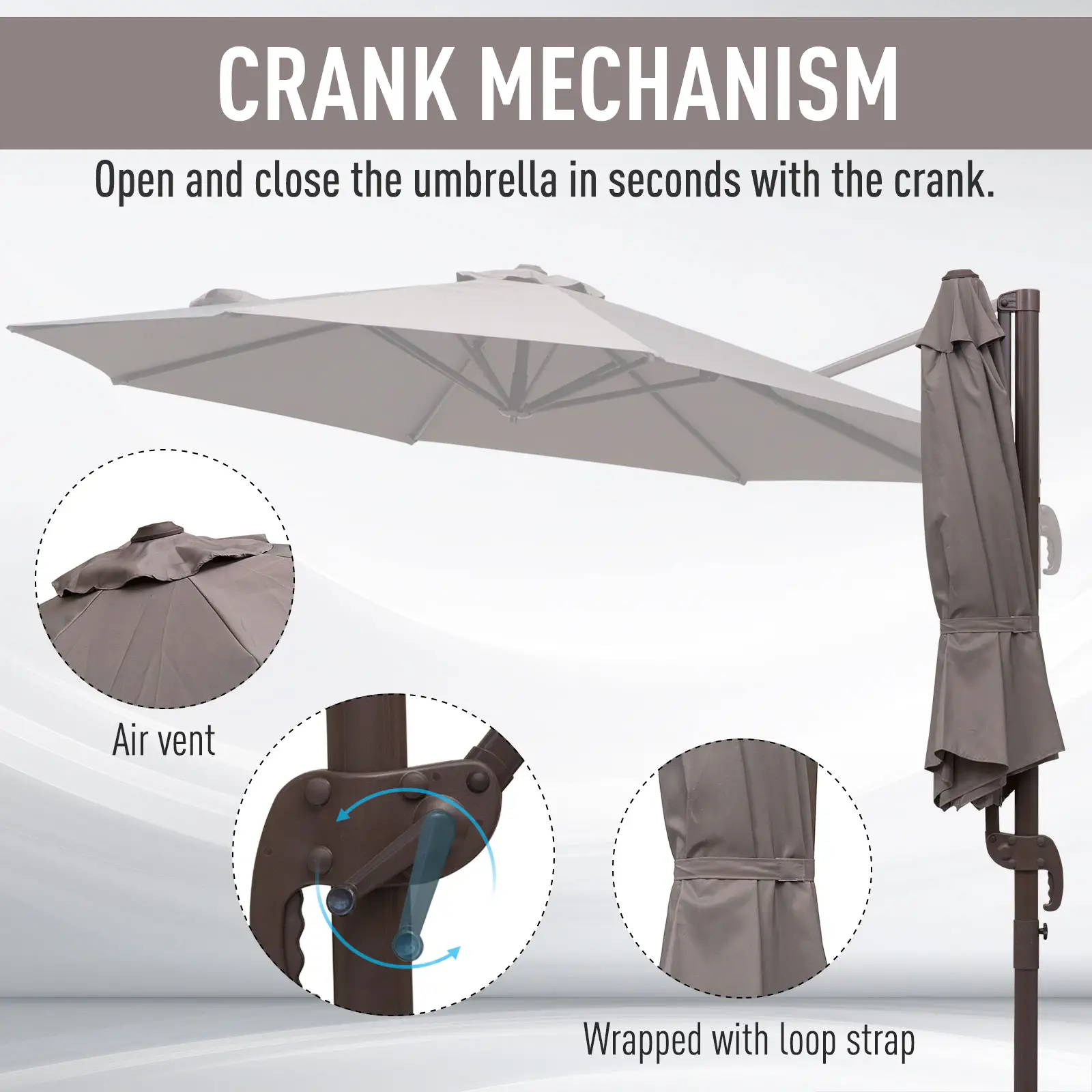 10ft Cantilever Patio Umbrella, 360° Rotation, Crank, Grey - Image 7