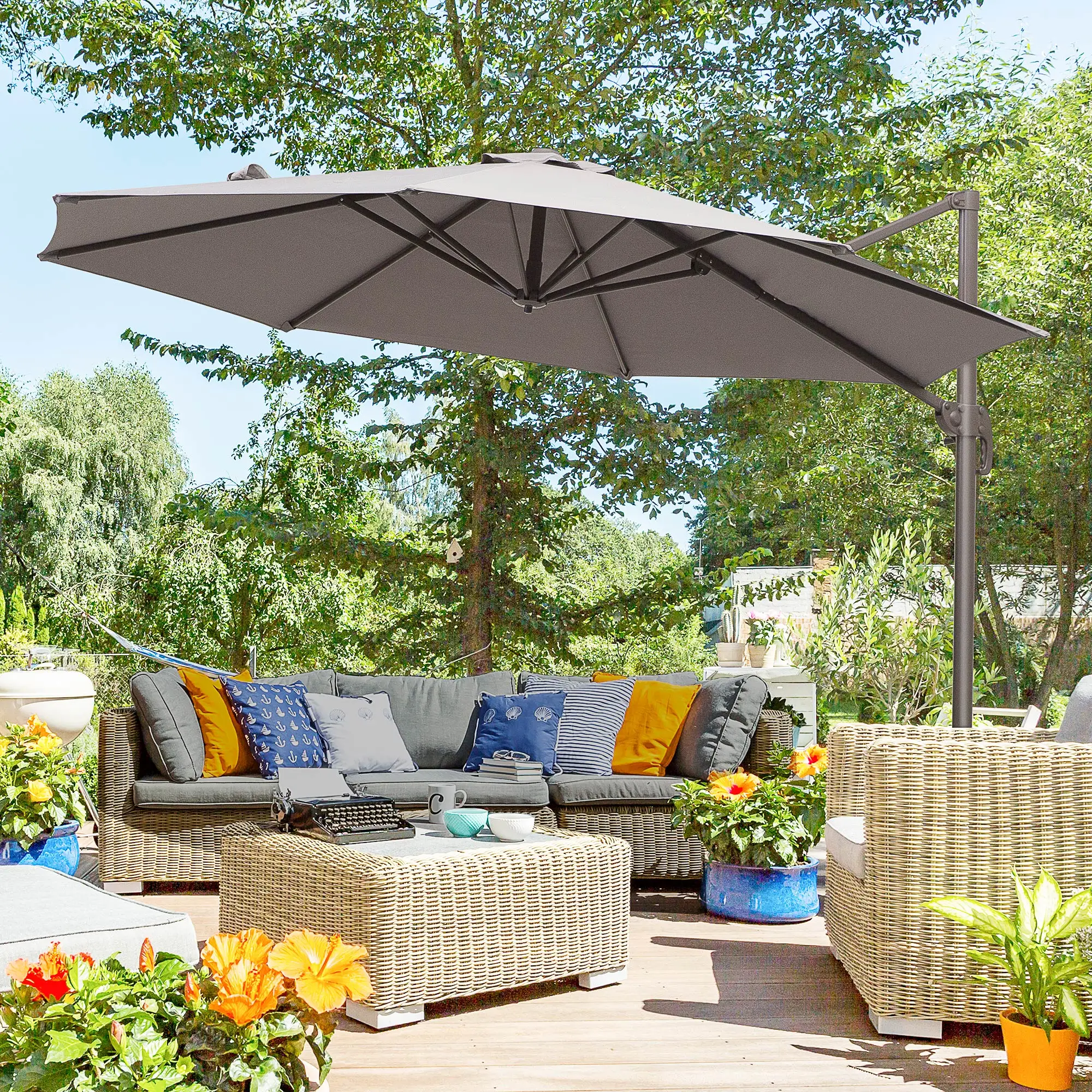 10ft Cantilever Patio Umbrella, 360° Rotation, Crank, Grey - Image 8