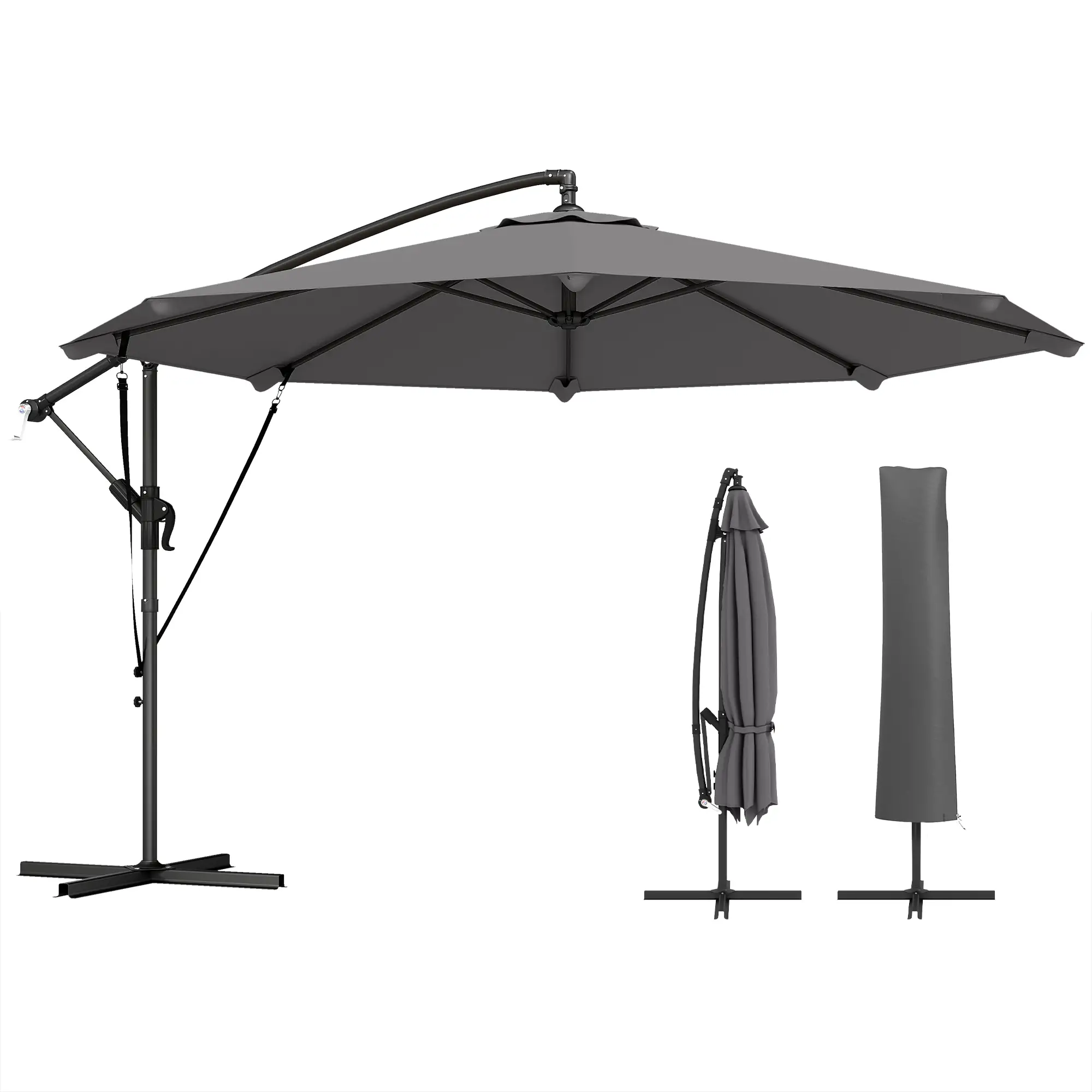 10FT Cantilever Patio Umbrella, 8 Ribs, Cover, Wind Ropes, Dark Grey