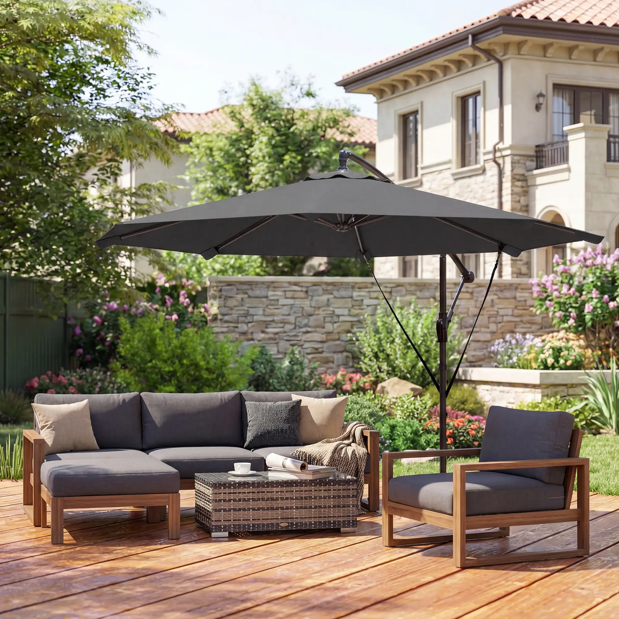 10FT Cantilever Patio Umbrella, 8 Ribs, Cover, Wind Ropes, Dark Grey - Image 10