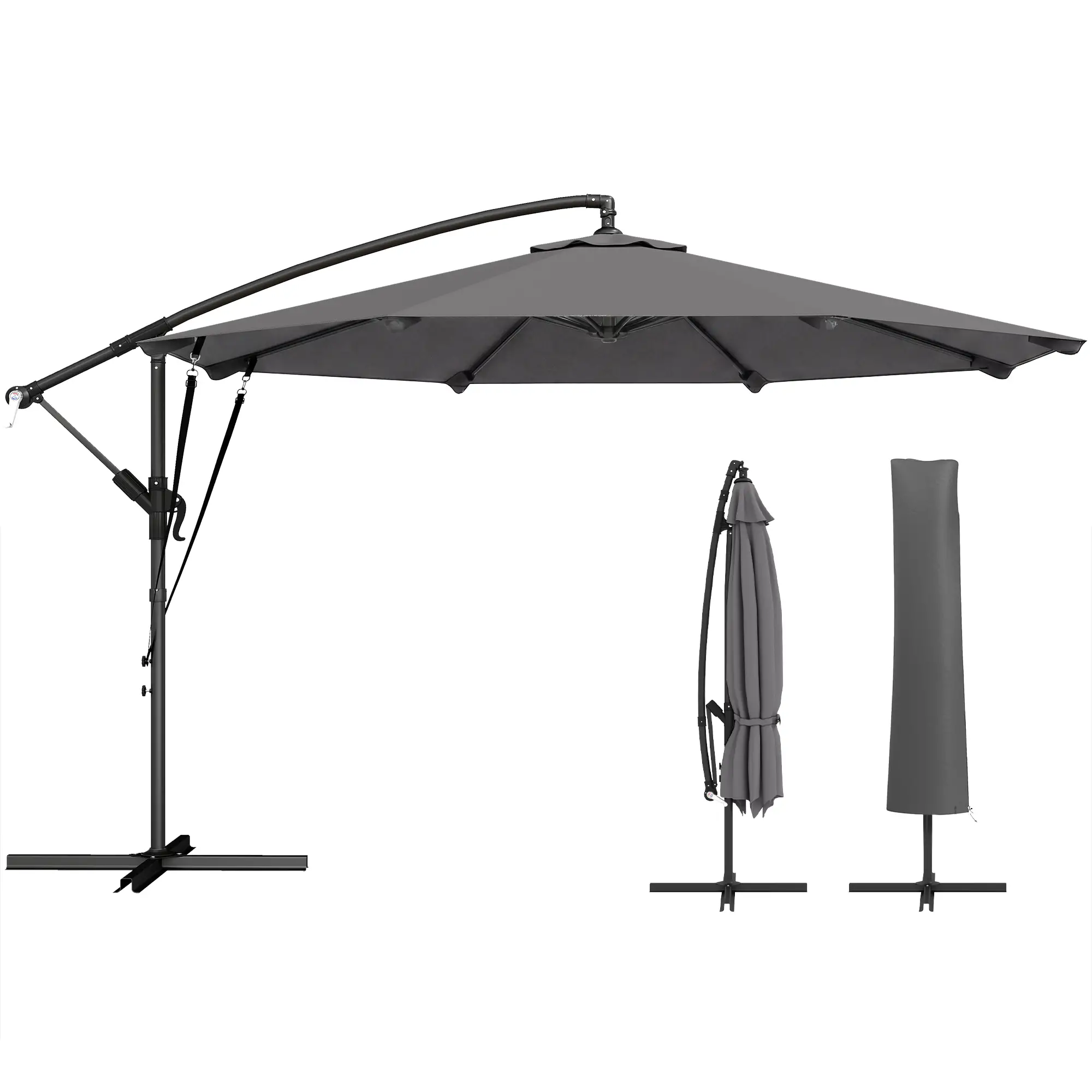 10FT Cantilever Patio Umbrella, 8 Ribs, Cover, Wind Ropes, Dark Grey - Image 11