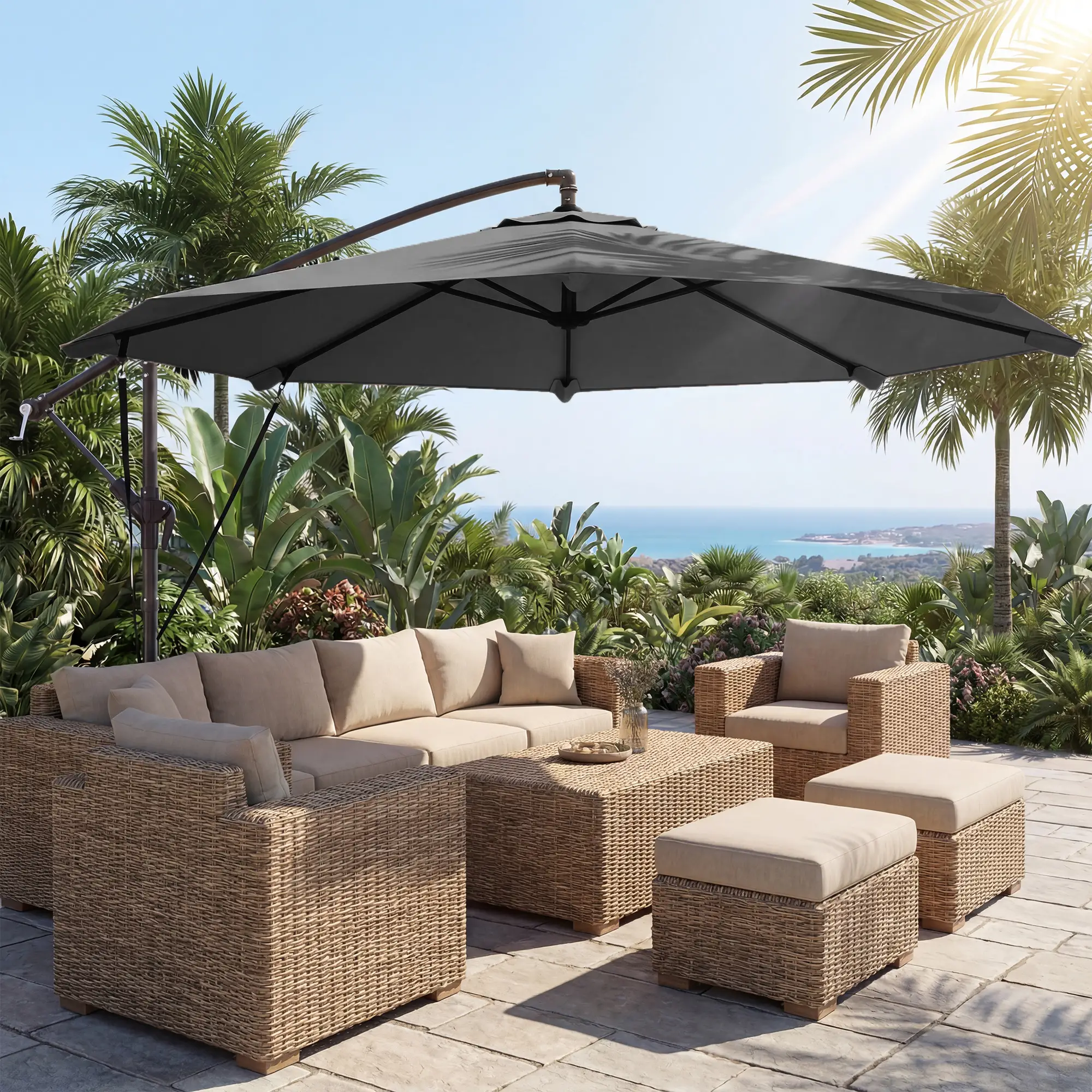 10FT Cantilever Patio Umbrella, 8 Ribs, Cover, Wind Ropes, Dark Grey - Image 2