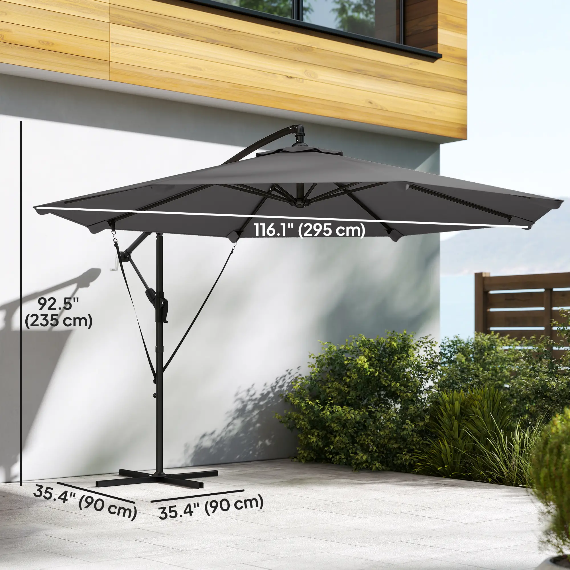 10FT Cantilever Patio Umbrella, 8 Ribs, Cover, Wind Ropes, Dark Grey - Image 3