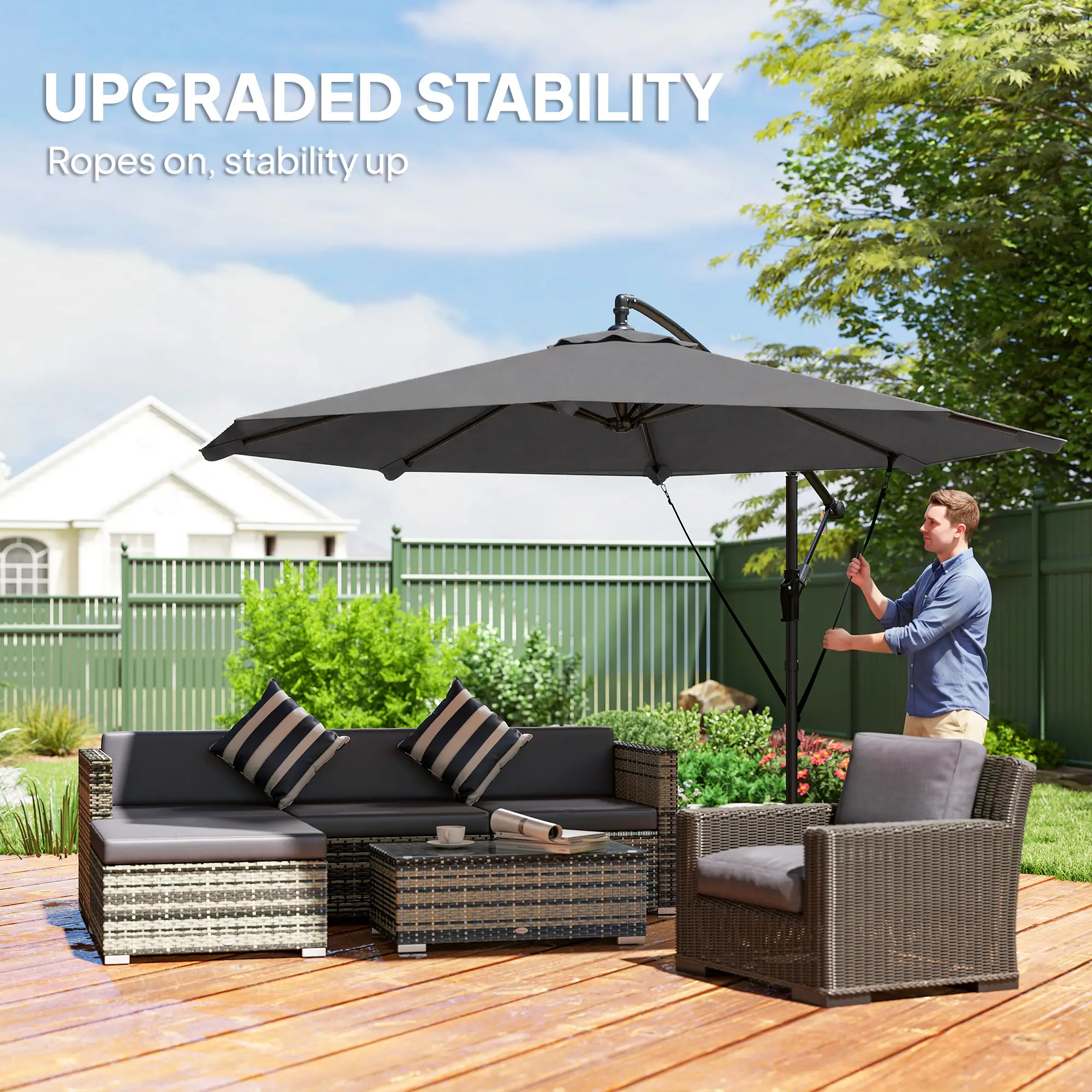 10FT Cantilever Patio Umbrella, 8 Ribs, Cover, Wind Ropes, Dark Grey - Image 4