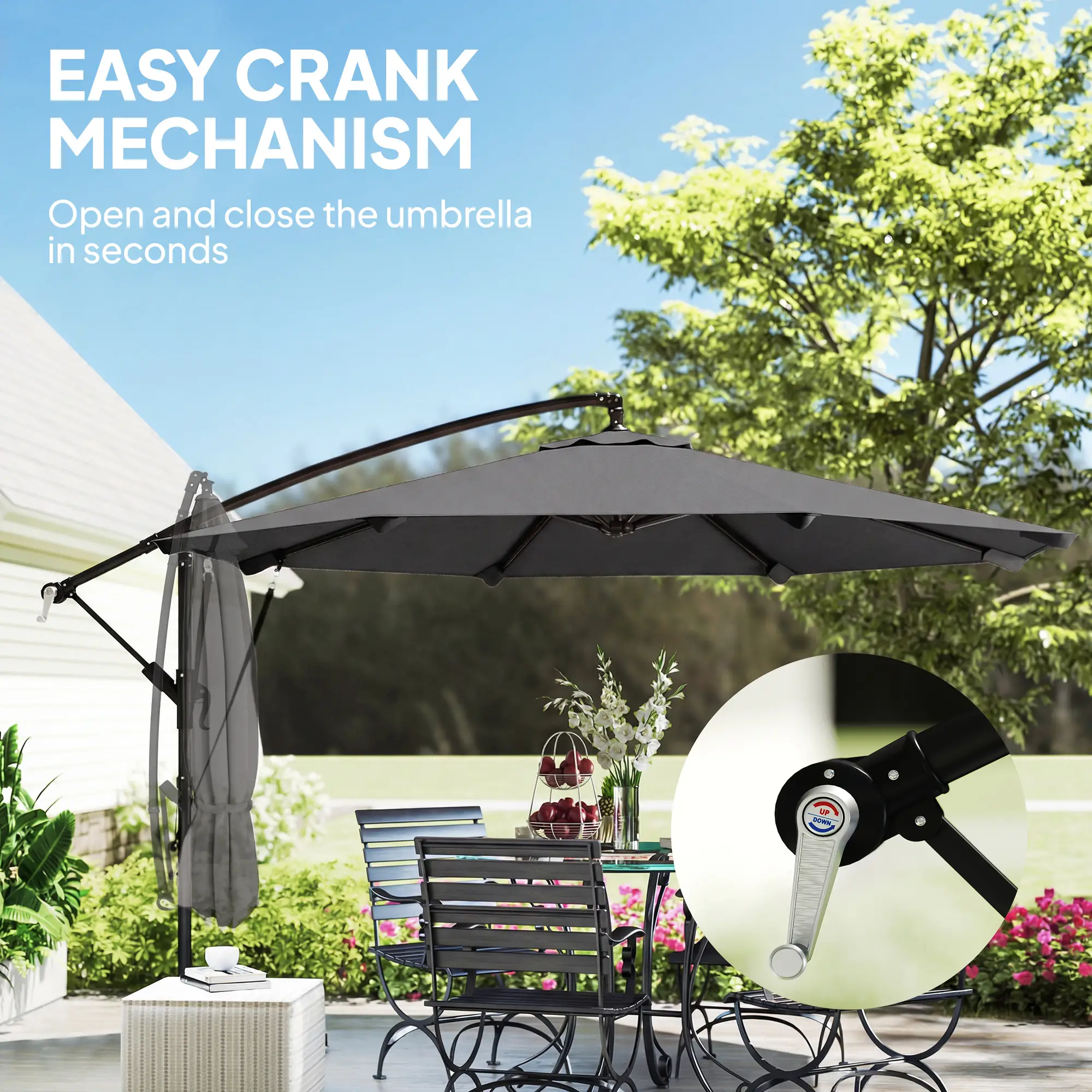 10FT Cantilever Patio Umbrella, 8 Ribs, Cover, Wind Ropes, Dark Grey - Image 7