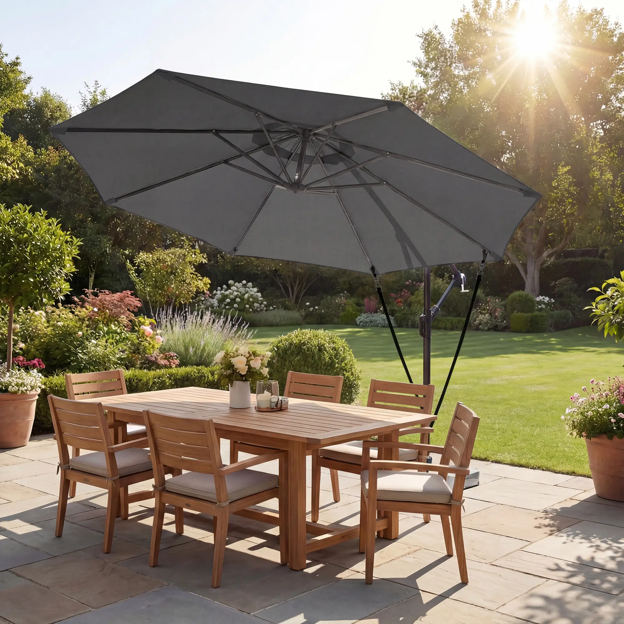 10FT Cantilever Patio Umbrella, 8 Ribs, Cover, Wind Ropes, Dark Grey - Image 8