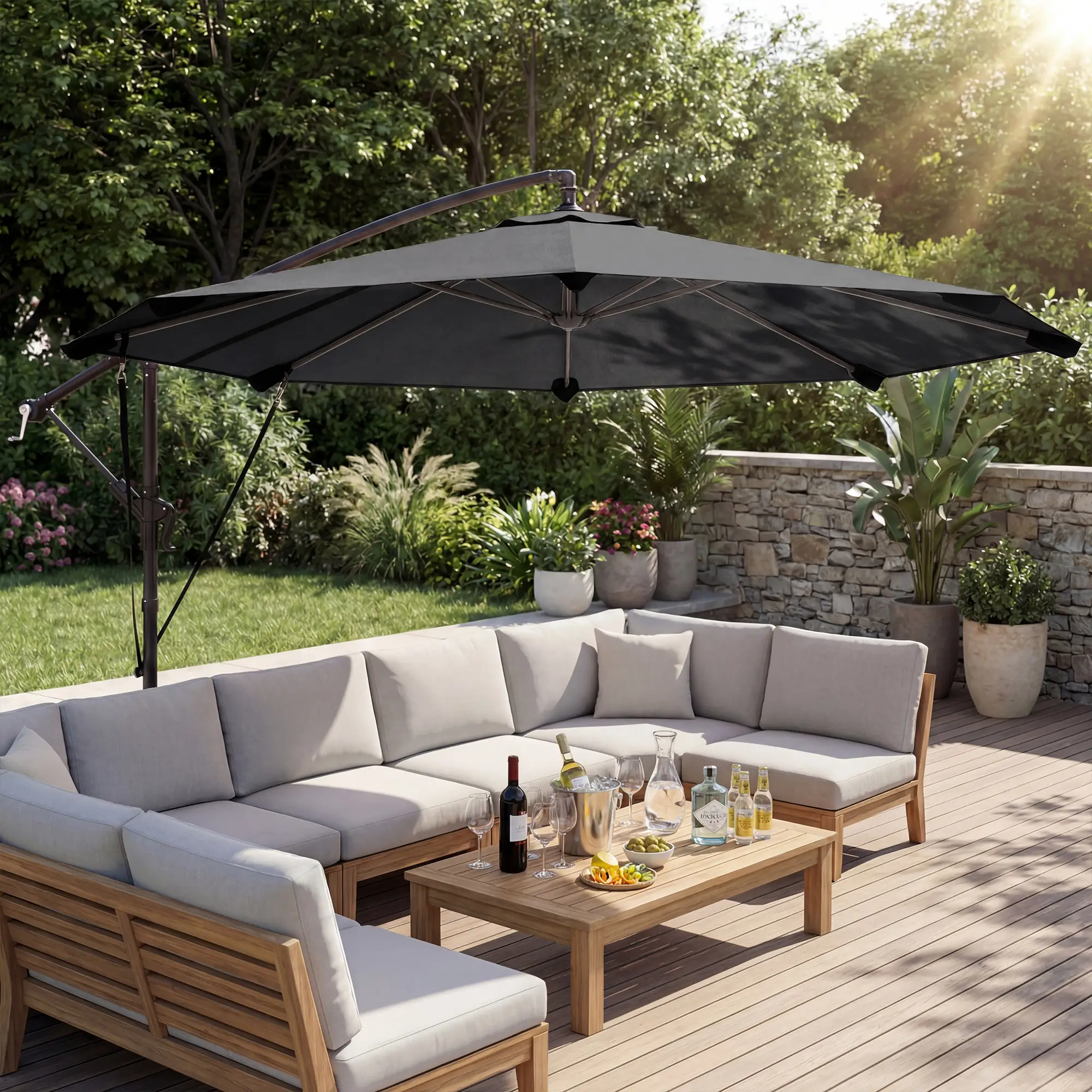 10FT Cantilever Patio Umbrella, 8 Ribs, Cover, Wind Ropes, Dark Grey - Image 9