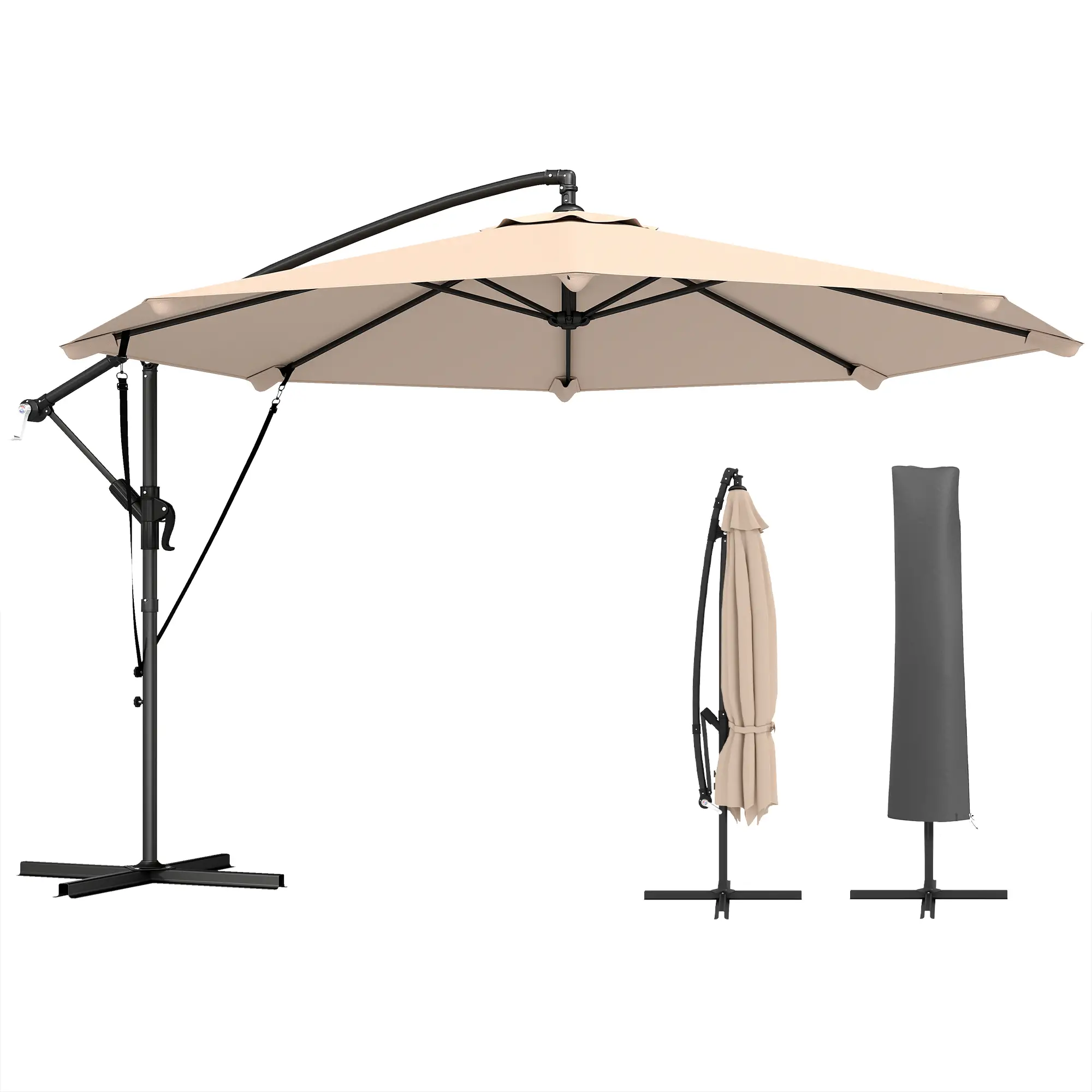 10FT Cantilever Patio Umbrella, 8 Ribs With Cover, Wind Ropes, Khaki
