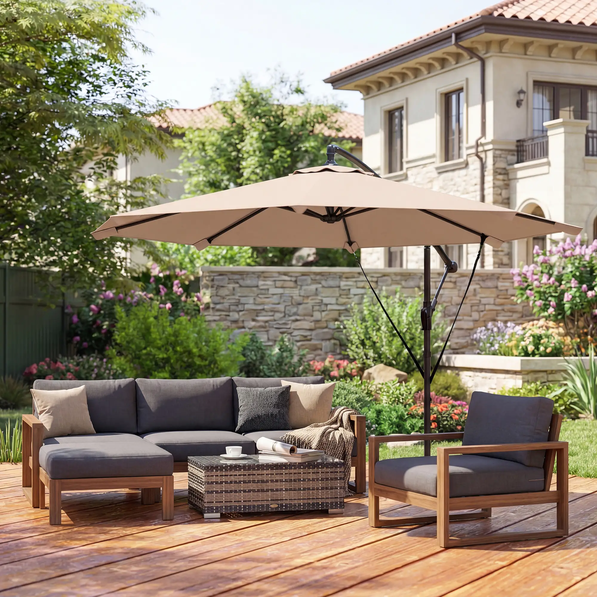 10FT Cantilever Patio Umbrella, 8 Ribs With Cover, Wind Ropes, Khaki - Image 10