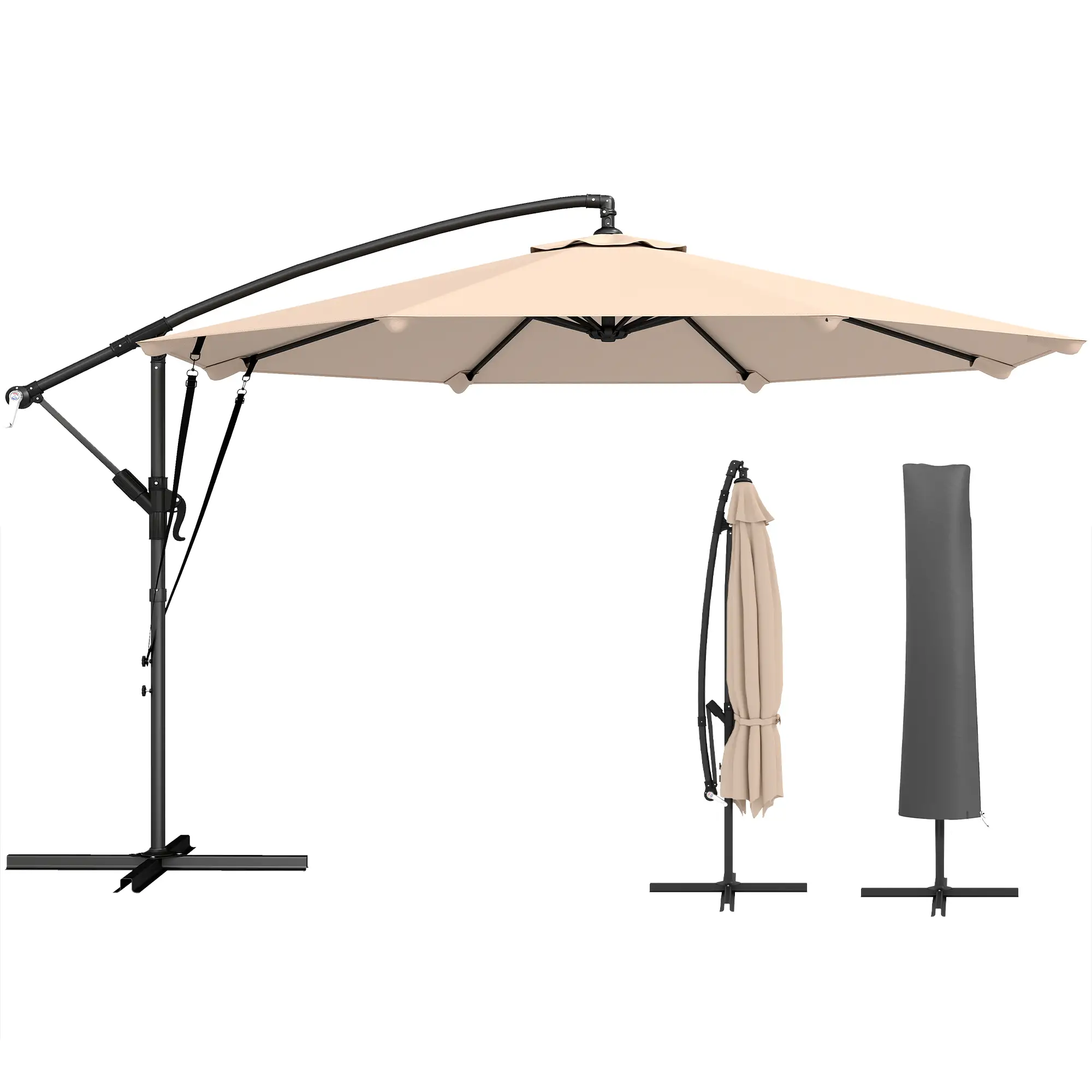 10FT Cantilever Patio Umbrella, 8 Ribs With Cover, Wind Ropes, Khaki - Image 11