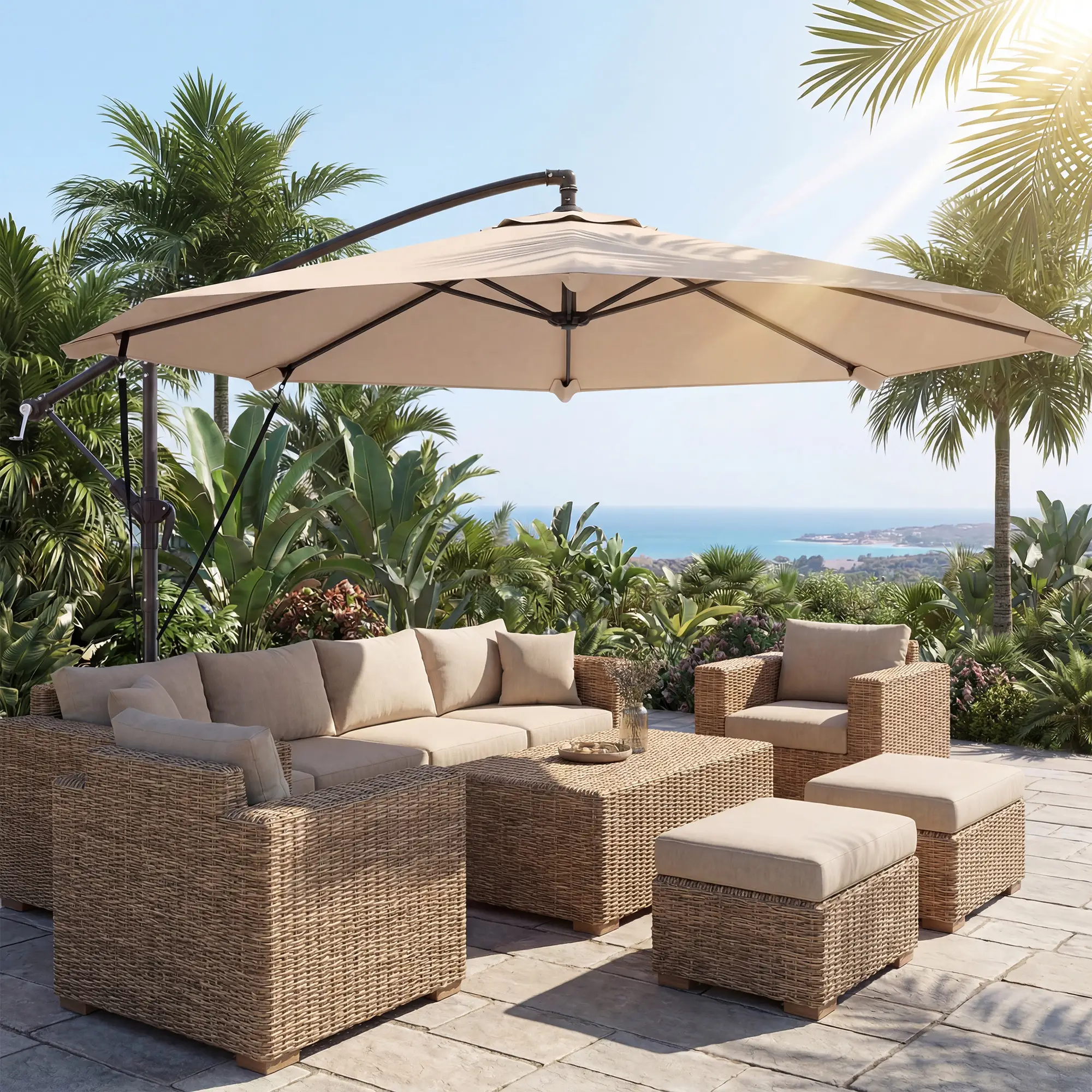 10FT Cantilever Patio Umbrella, 8 Ribs With Cover, Wind Ropes, Khaki - Image 2