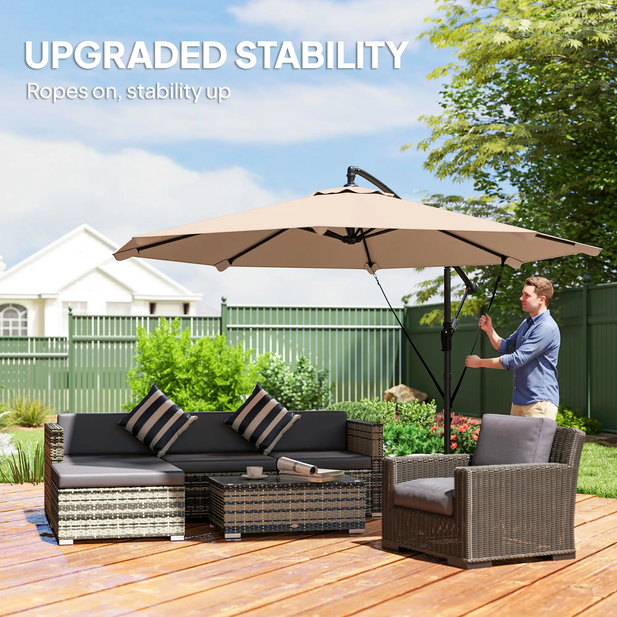 10FT Cantilever Patio Umbrella, 8 Ribs With Cover, Wind Ropes, Khaki - Image 4