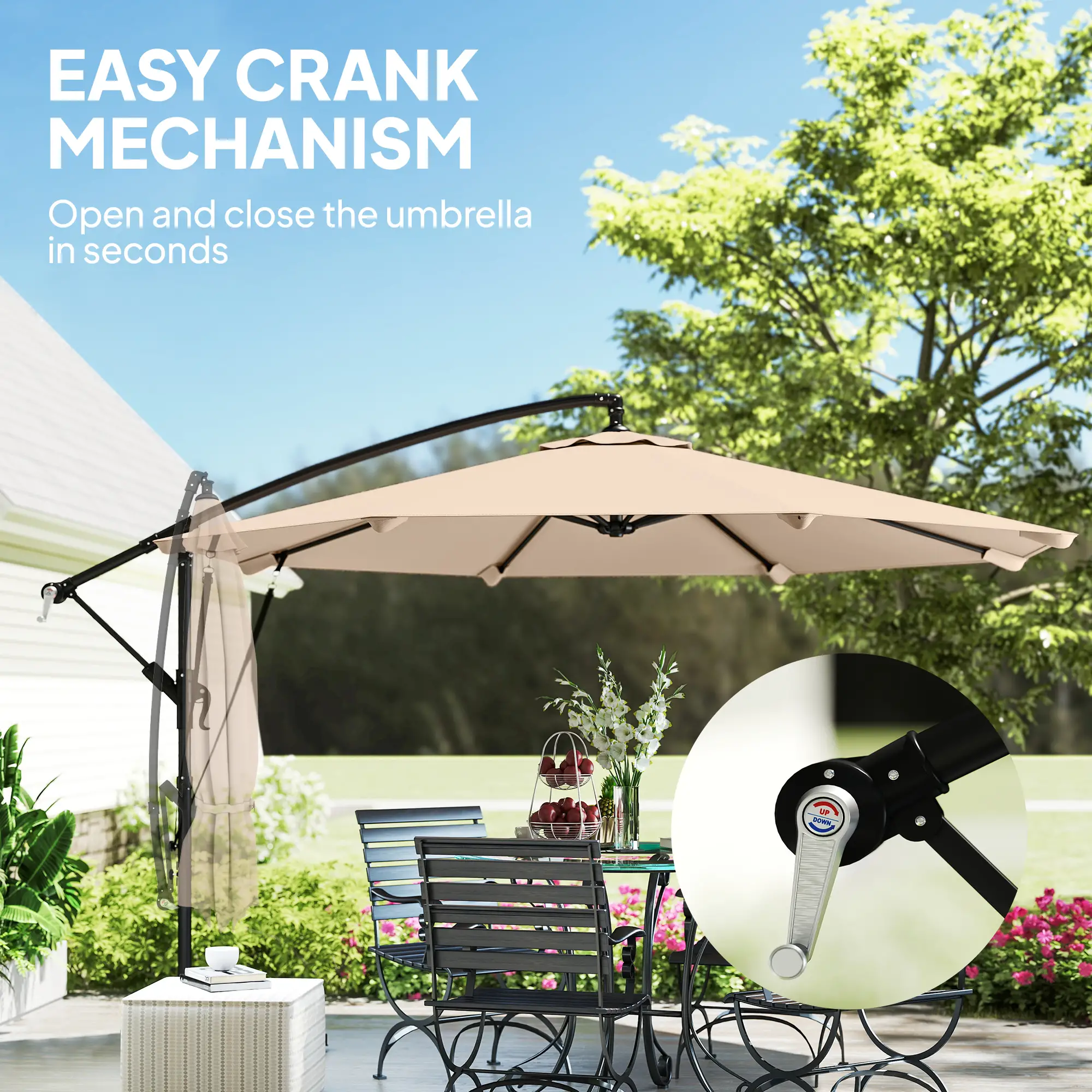 10FT Cantilever Patio Umbrella, 8 Ribs With Cover, Wind Ropes, Khaki - Image 7