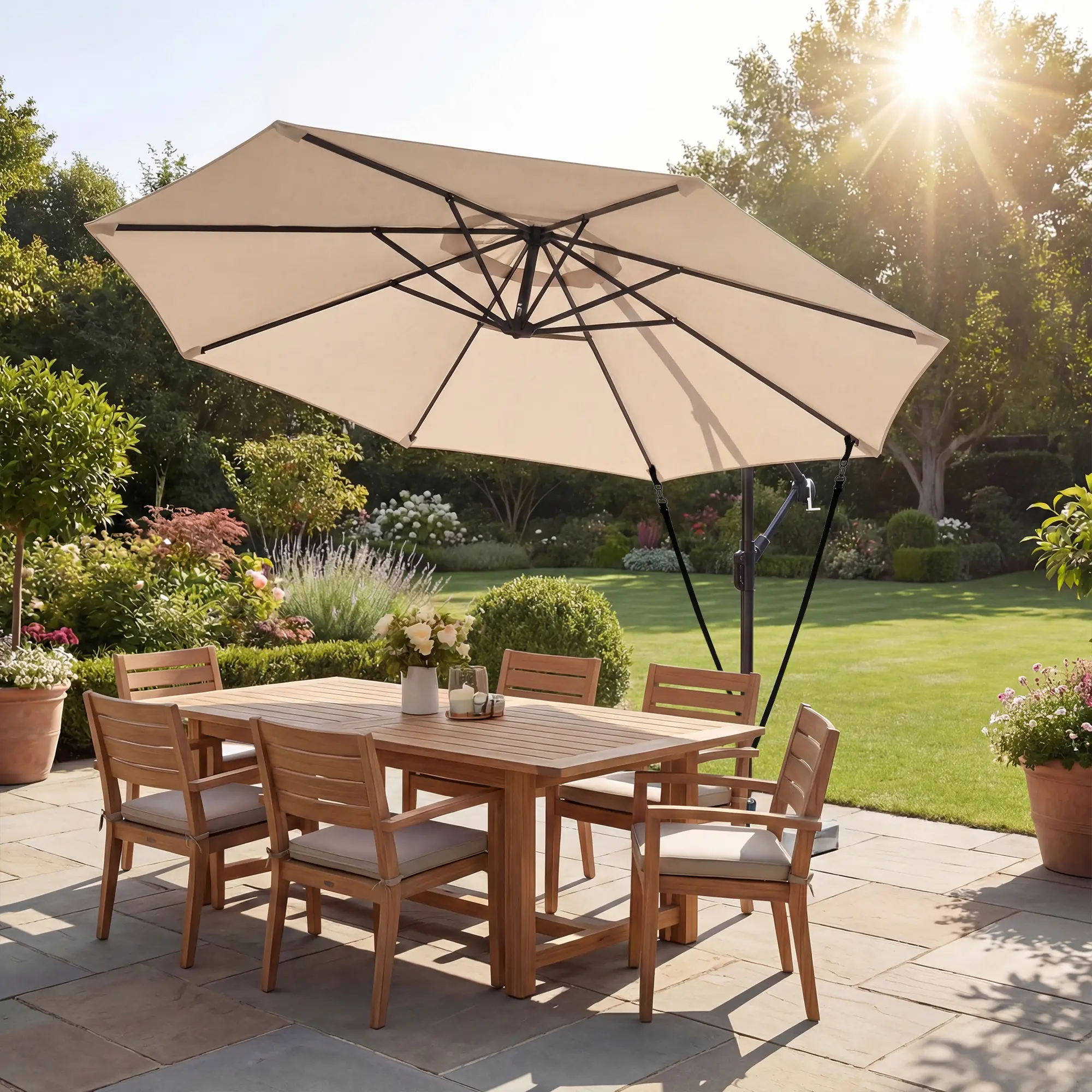 10FT Cantilever Patio Umbrella, 8 Ribs With Cover, Wind Ropes, Khaki - Image 8