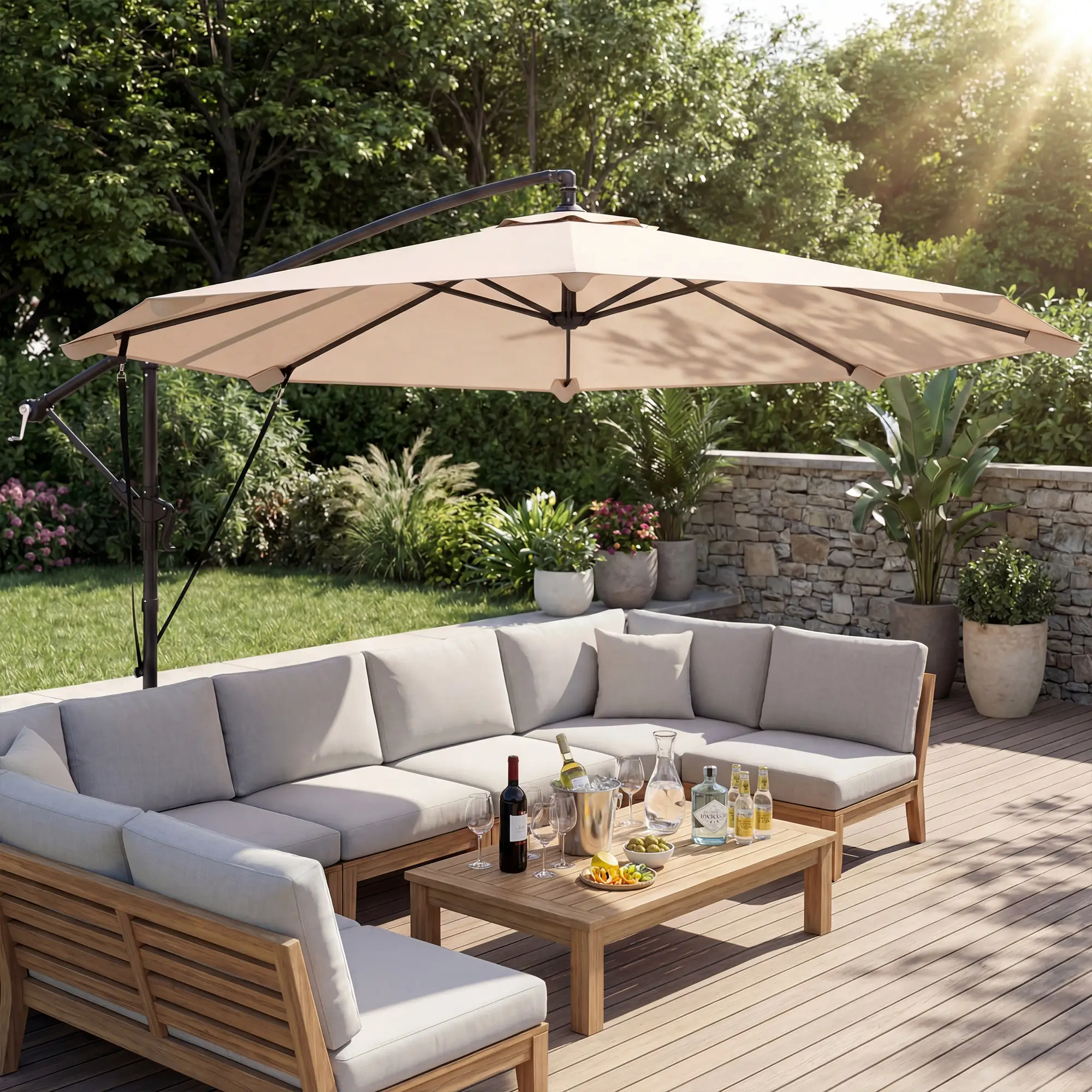 10FT Cantilever Patio Umbrella, 8 Ribs With Cover, Wind Ropes, Khaki - Image 9