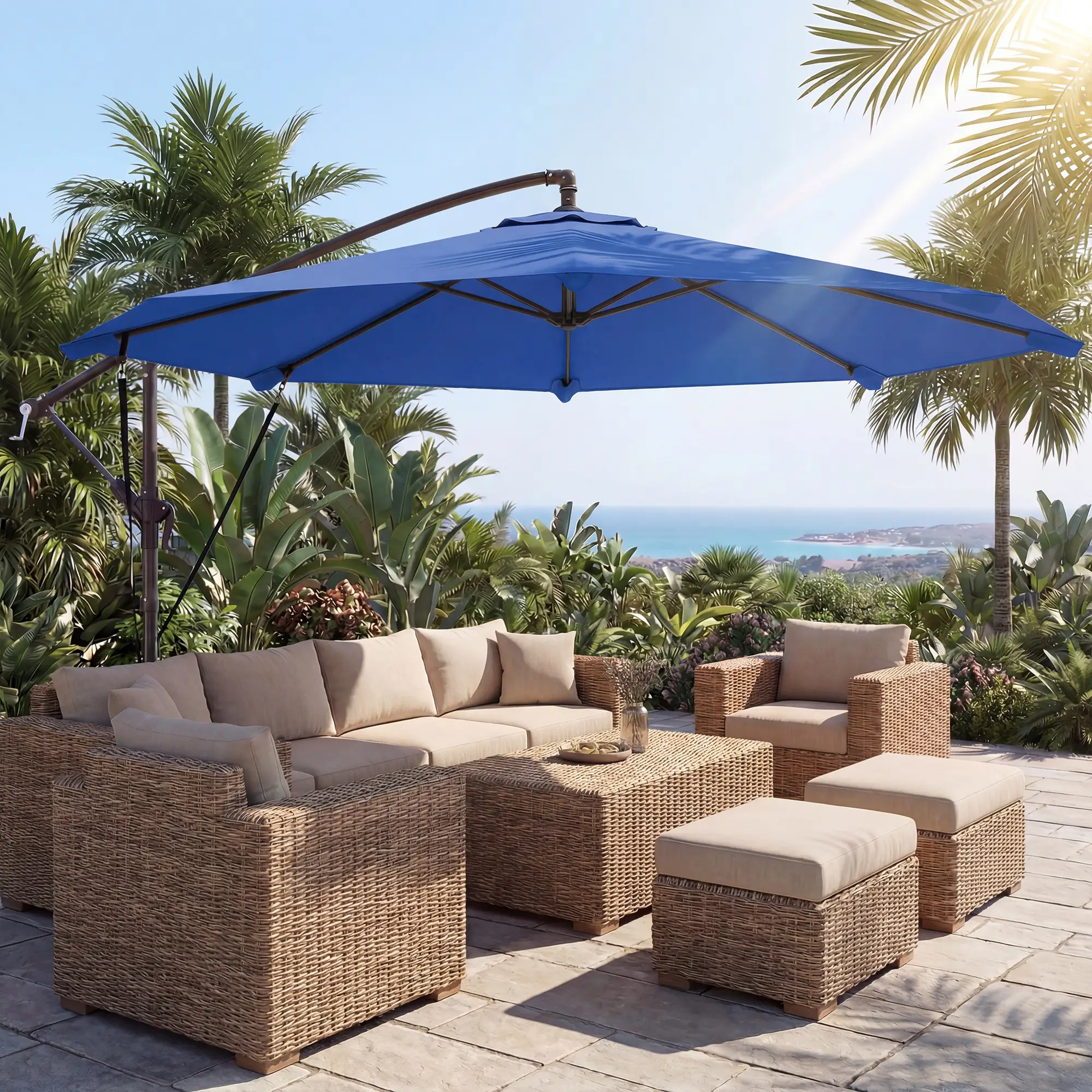 10FT Cantilever Patio Umbrella, With Cover And Wind Ropes, Navy Blue - Image 2