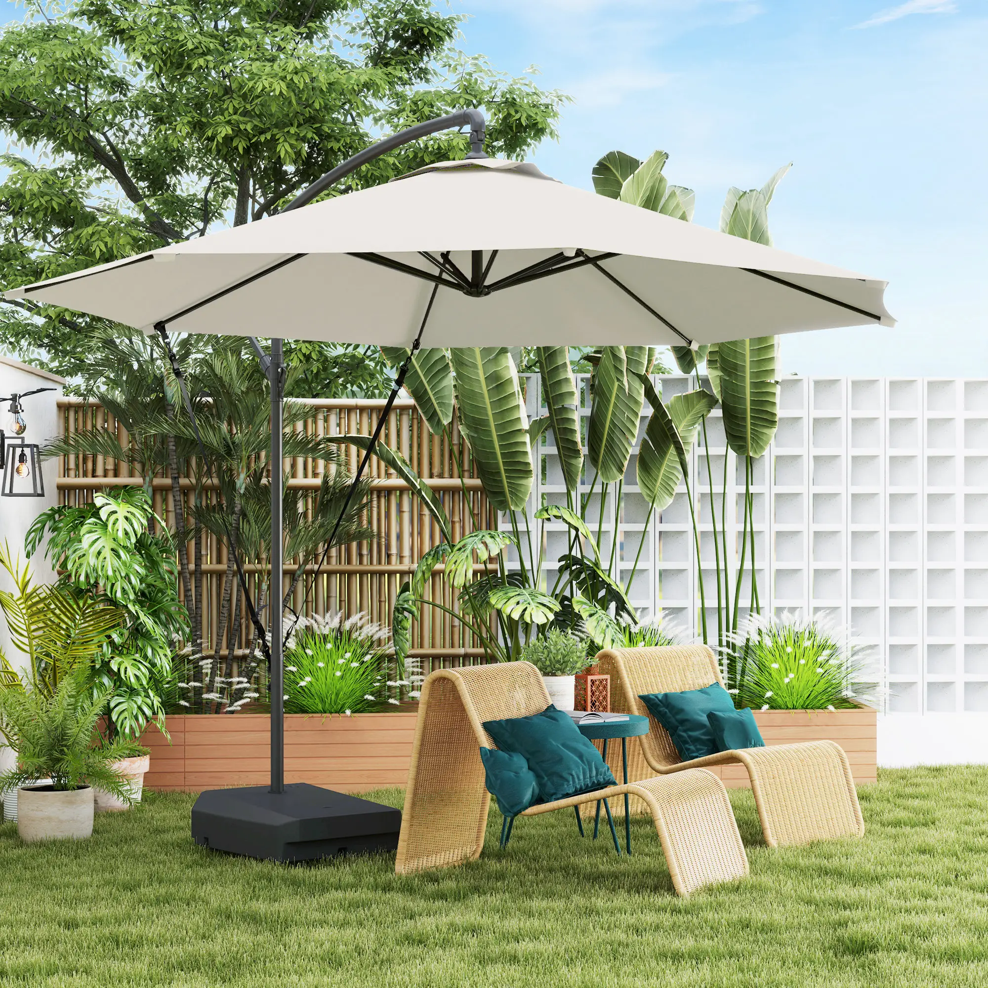 10FT Cantilever Umbrella With Fillable Base, Wind Strap, Cover, Cream White - Image 2