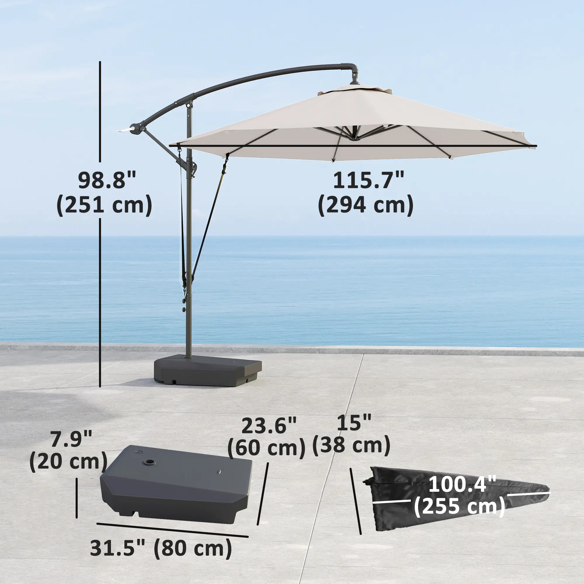 10FT Cantilever Umbrella With Fillable Base, Wind Strap, Cover, Cream White - Image 3