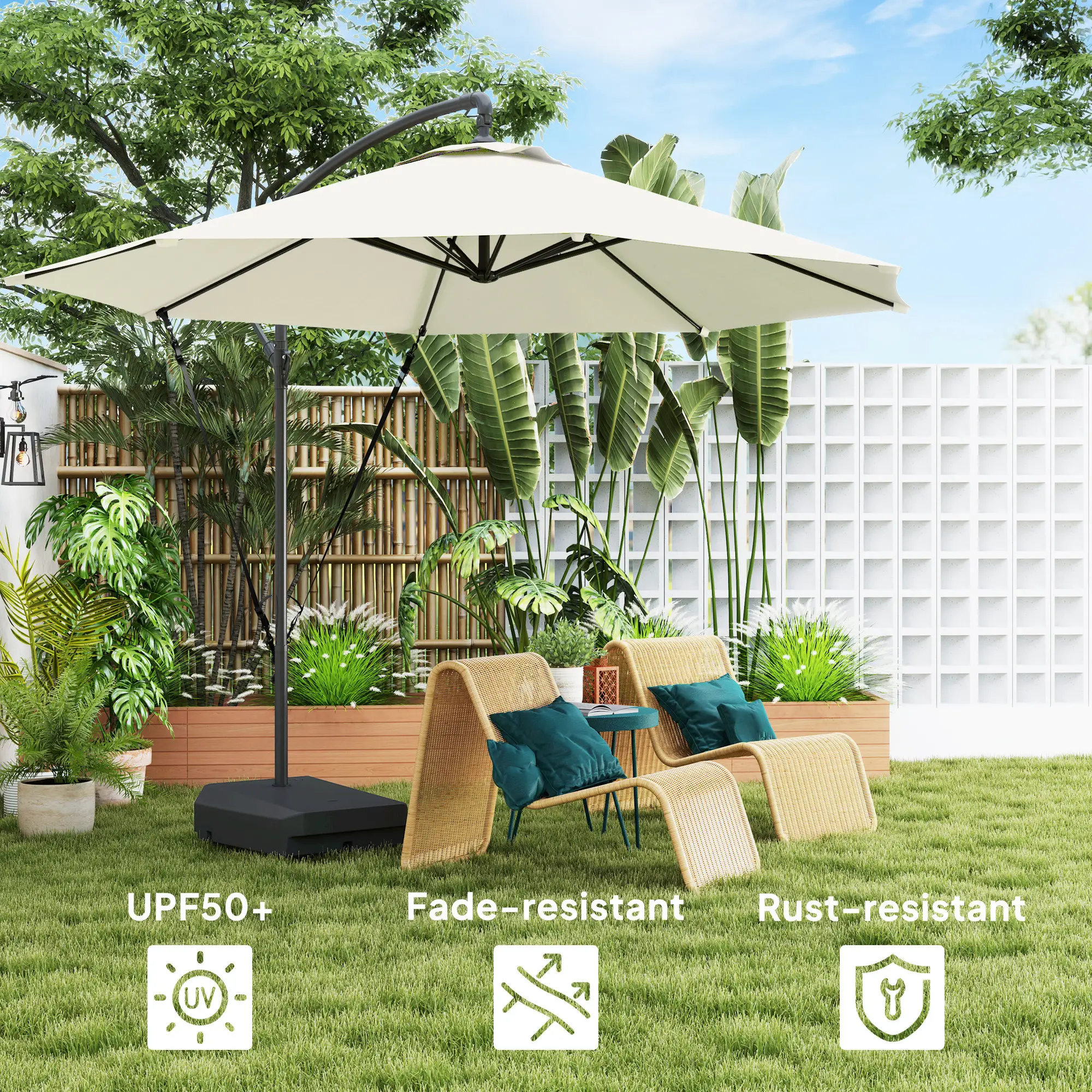 10FT Cantilever Umbrella With Fillable Base, Wind Strap, Cover, Cream White - Image 6